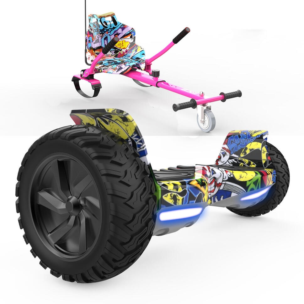 Hoverboard met zitting, all-terrain hoverboard met hoverkart, 20,5 cm (8,5 inch) skelter met zelfbalancerende scooter, off-road hoverboards met bluetooth-luidspreker, led, cadeau voor kinderen