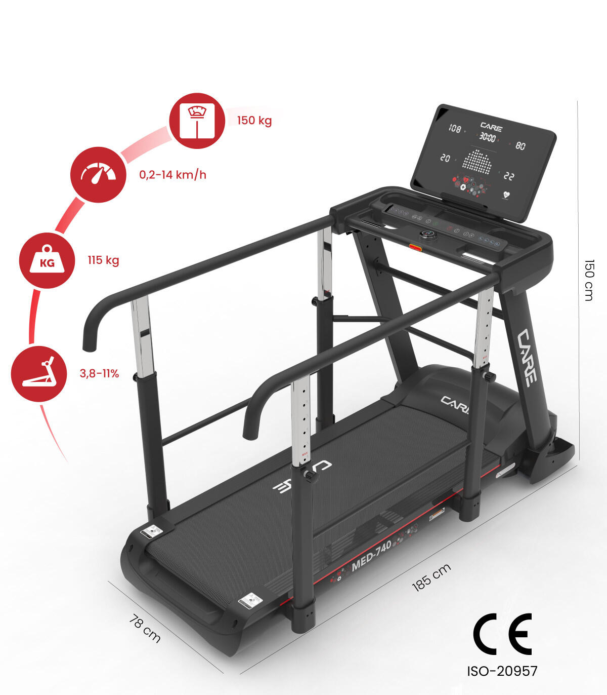Tapis de course avec barres de maintien - 14km/h - MED-740 - MEDLINE 2/7