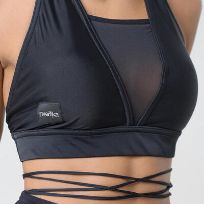 Top donna in lycra e retina per pole dance allenamento e tempo libero Nero