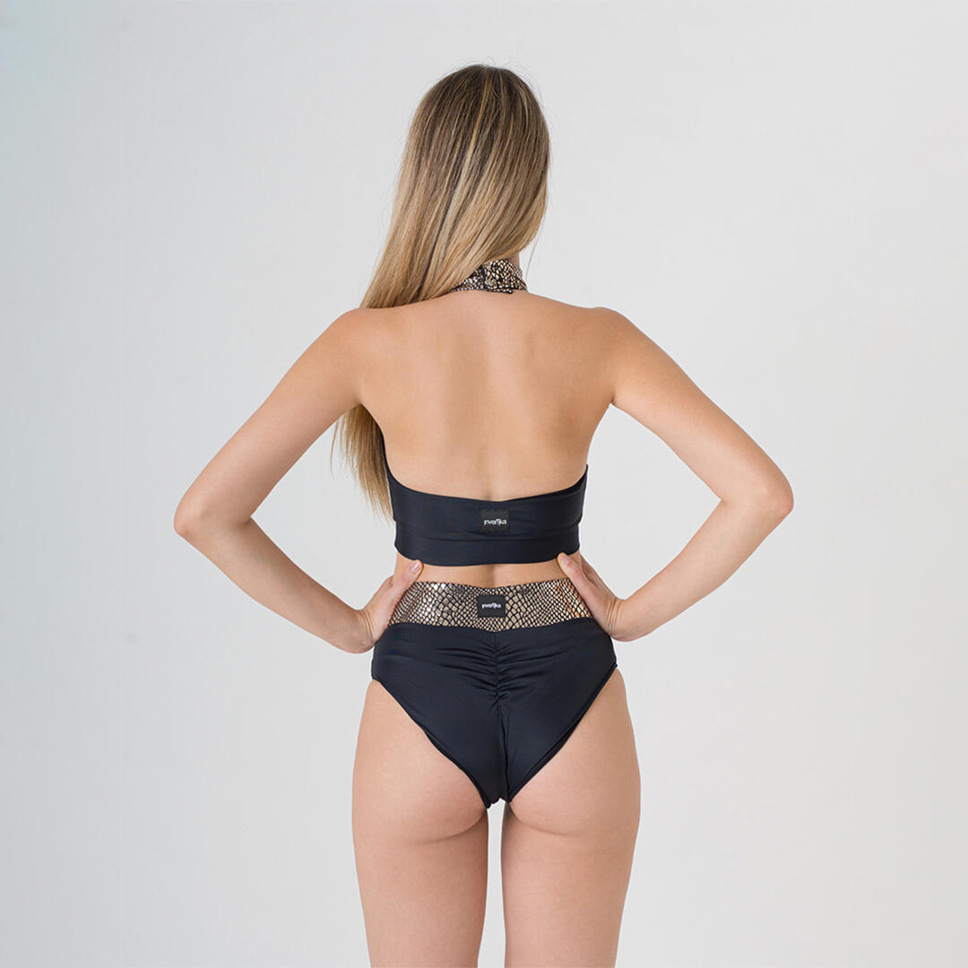 Top donna in lycra con collo alto allenamento e tempo libero Nero Oro 5/5