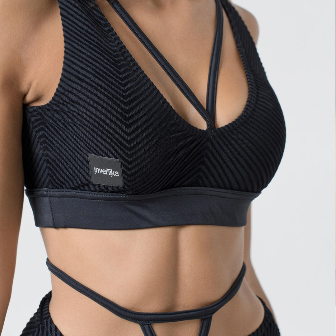 Top donna lycra e velluto jacquard per pole dance e allenamento Nero 2/6