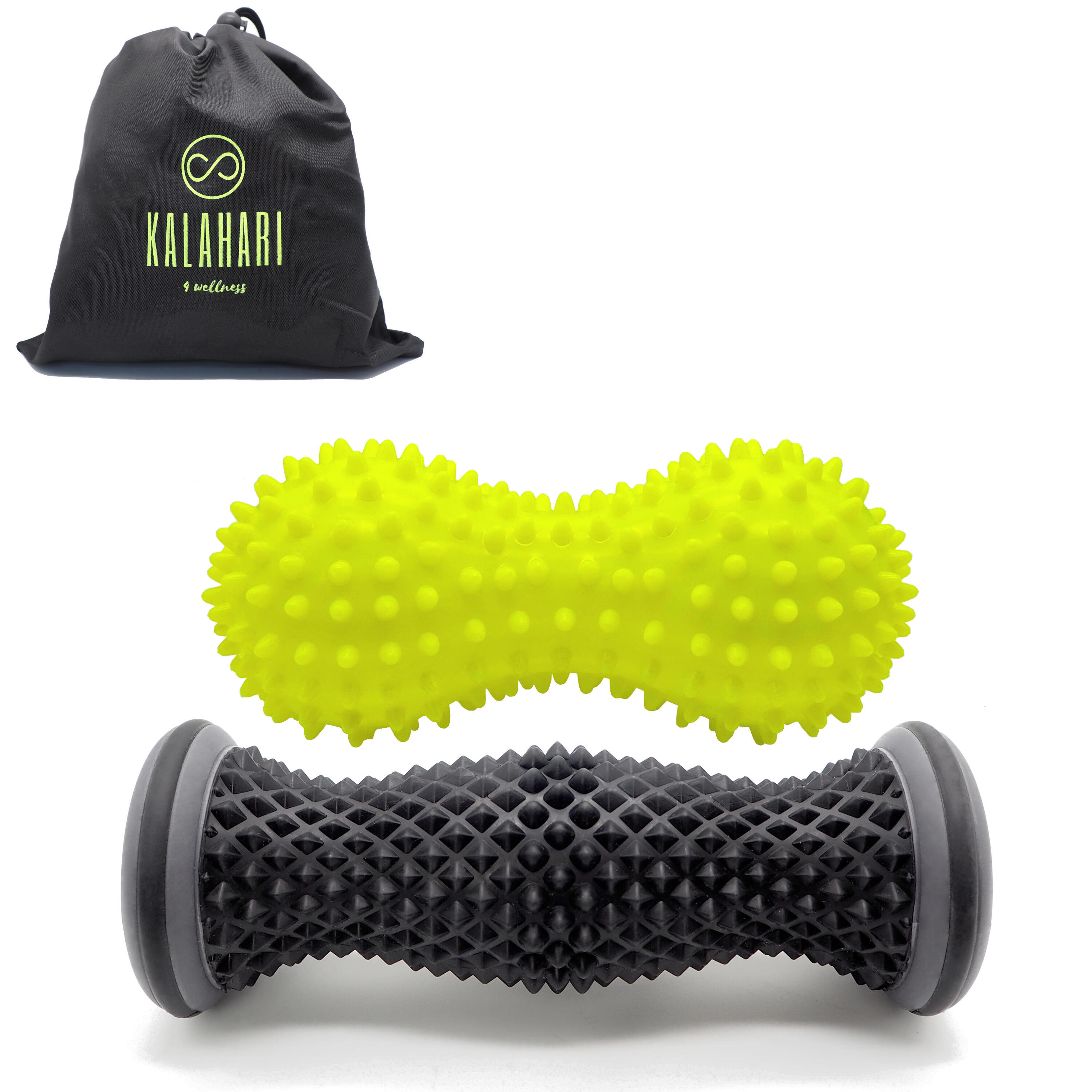 KALAHARI 4 WELLNESS Rolo de Massagem para Pés e Bola Dupla de Espinhos com eBook, Fascite Plantar