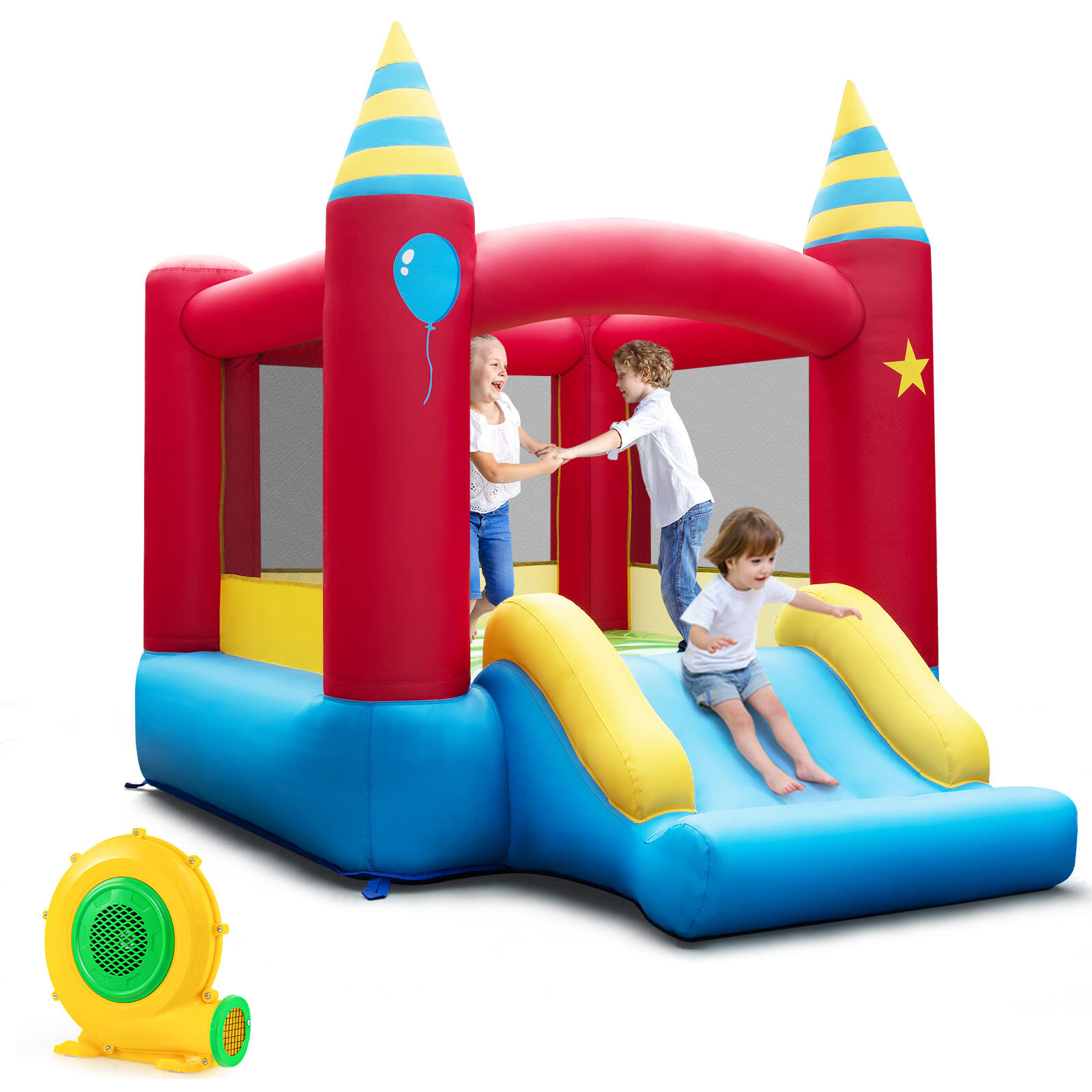 2-in-1 Inflatable Bounce House with Slide & Carrying Bag (with Blower)