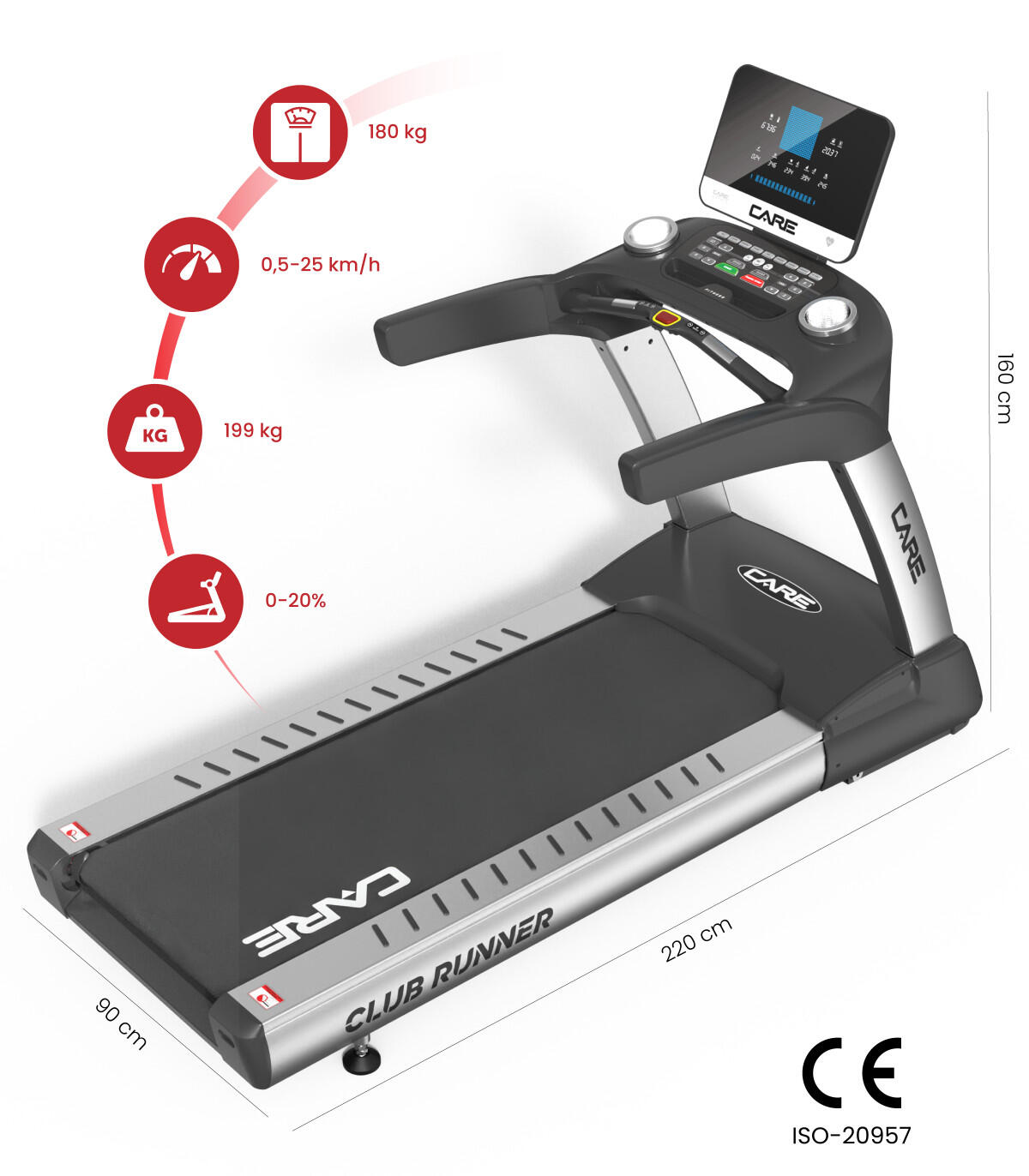 Tapis de course professionnel - 25km/h - CARE - CLUB RUNNER LED 2/8