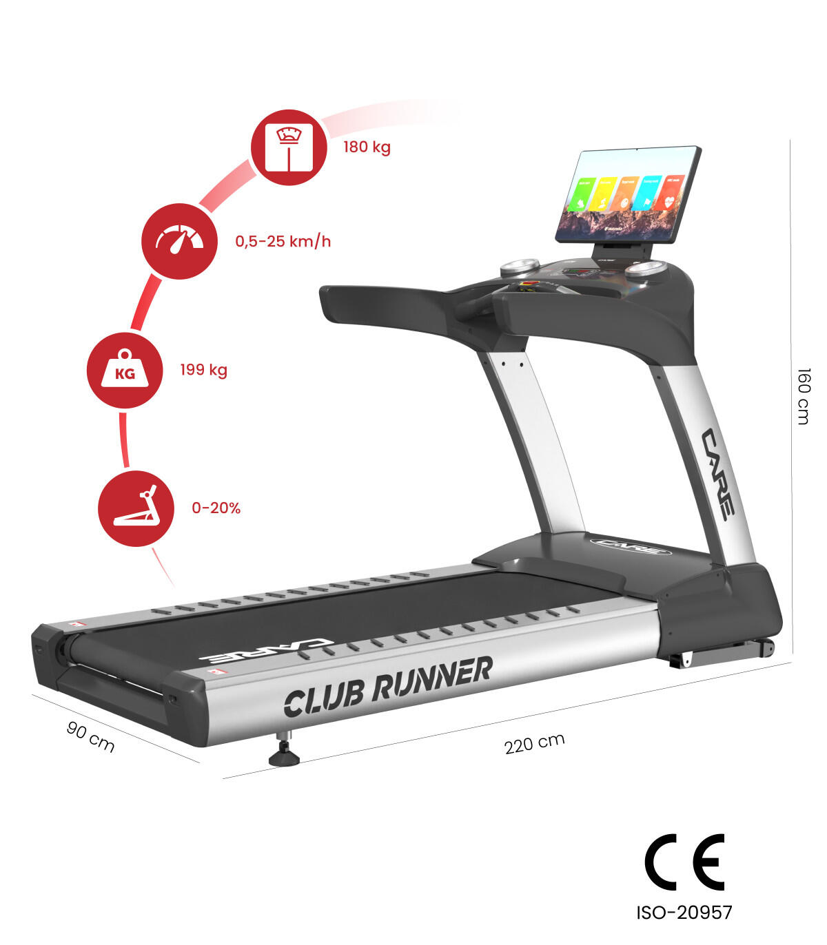Tapis de course professionnel - 25km/h - CARE - CLUB RUNNER écran TFT 2/8