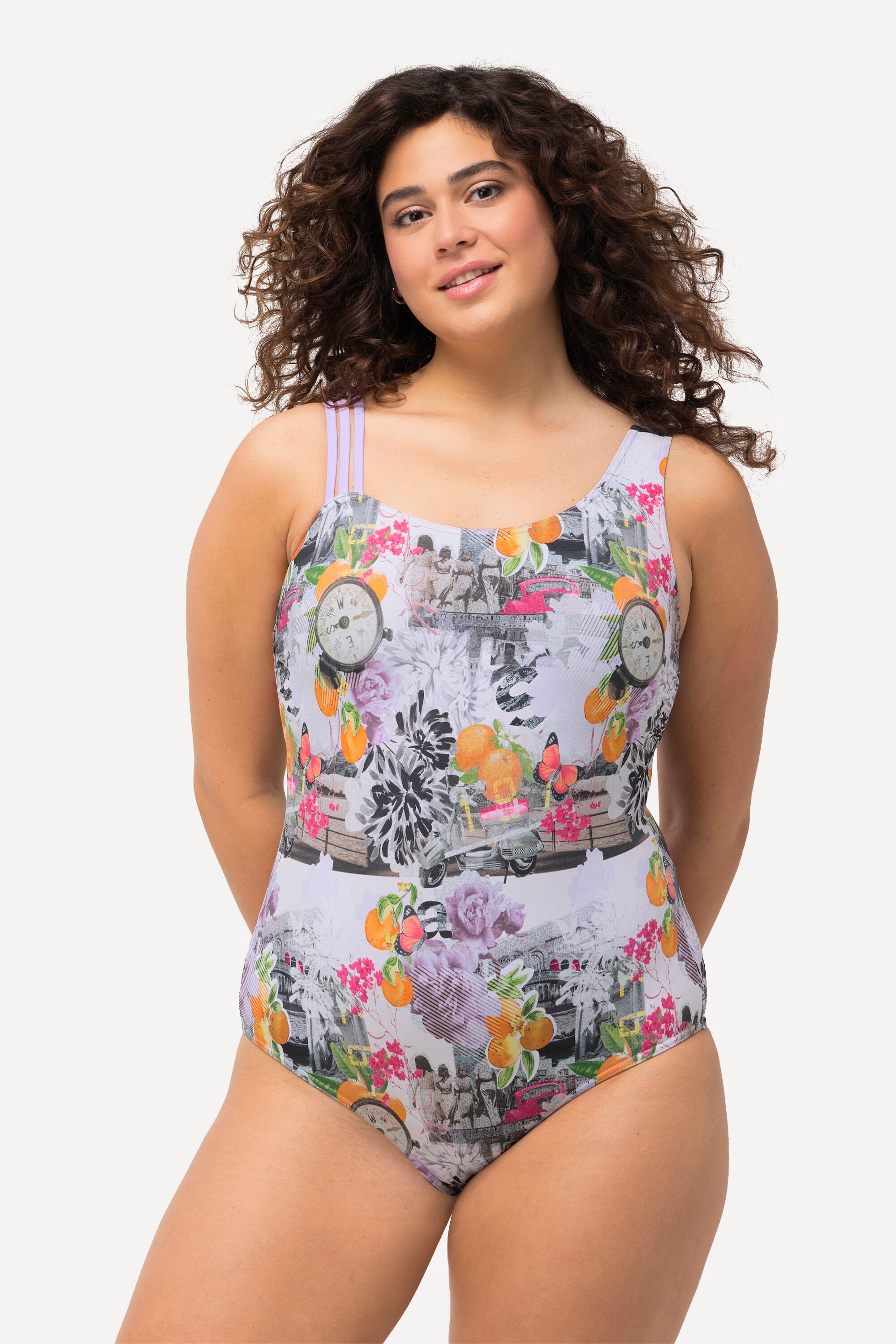 Femme Maillot de bain avec bonnets souples imprimé boussoles et triple bretelle 4/6