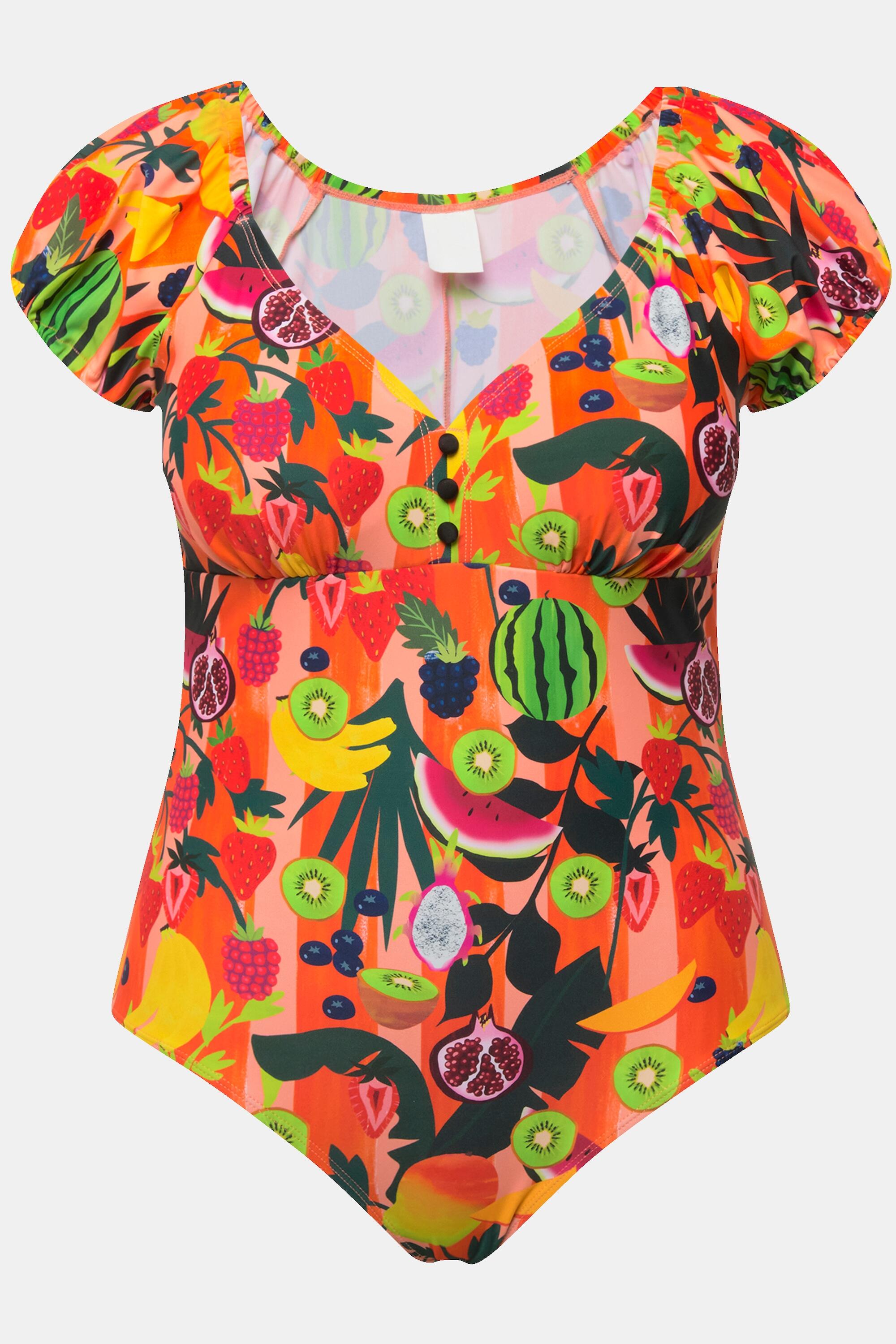 Femme Maillot de bain à bonnets souples. Imprimé fruits et manches 5/6