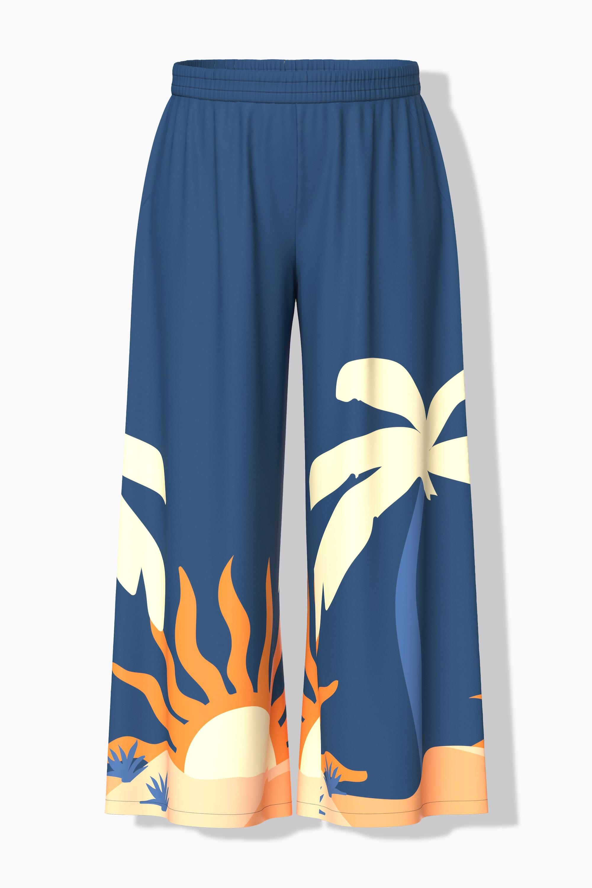 Femme Pantalon palazzo imprimé palmier/soleil. Jambe large et taille élastique 7/7