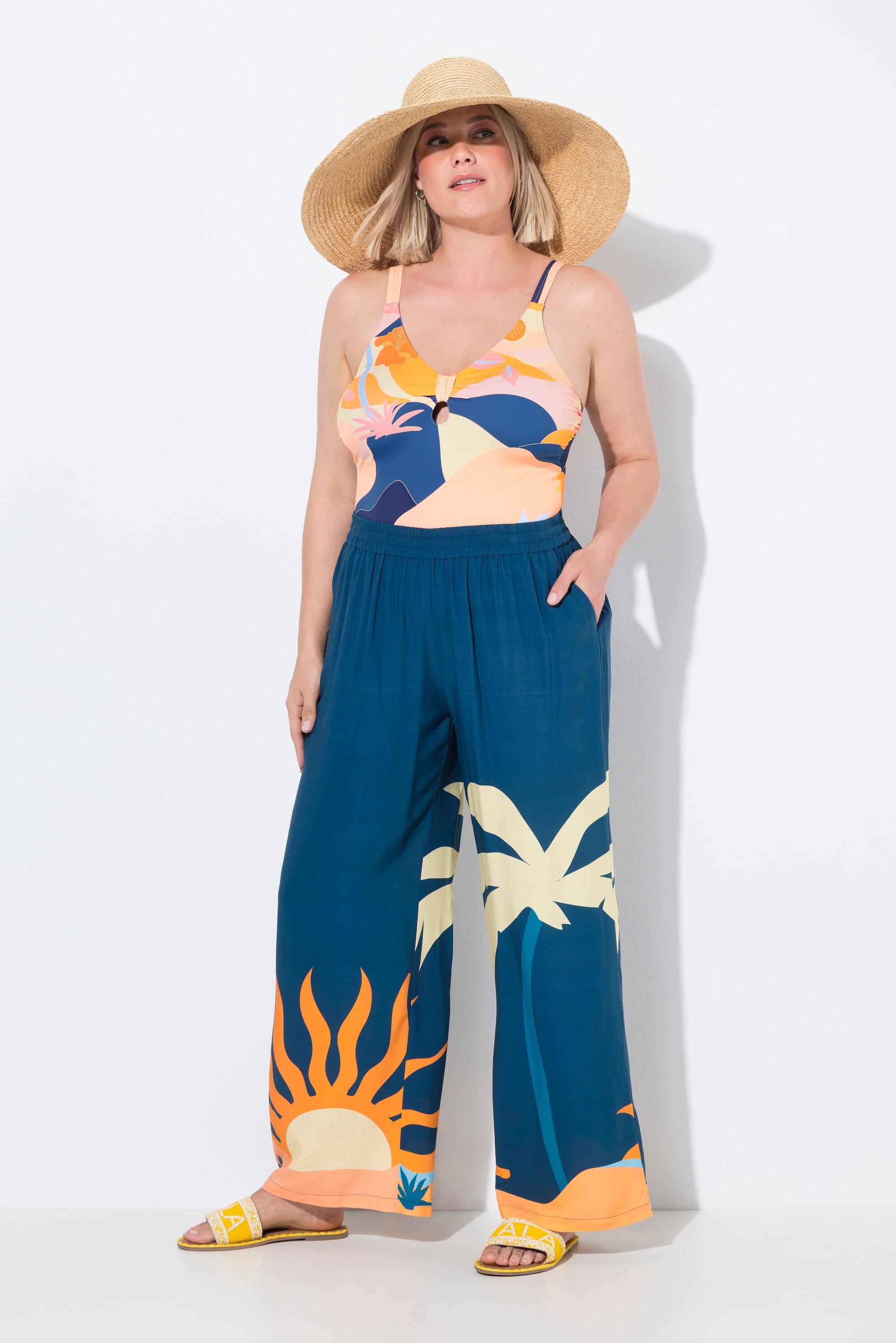 Femme Pantalon palazzo imprimé palmier/soleil. Jambe large et taille élastique 6/7