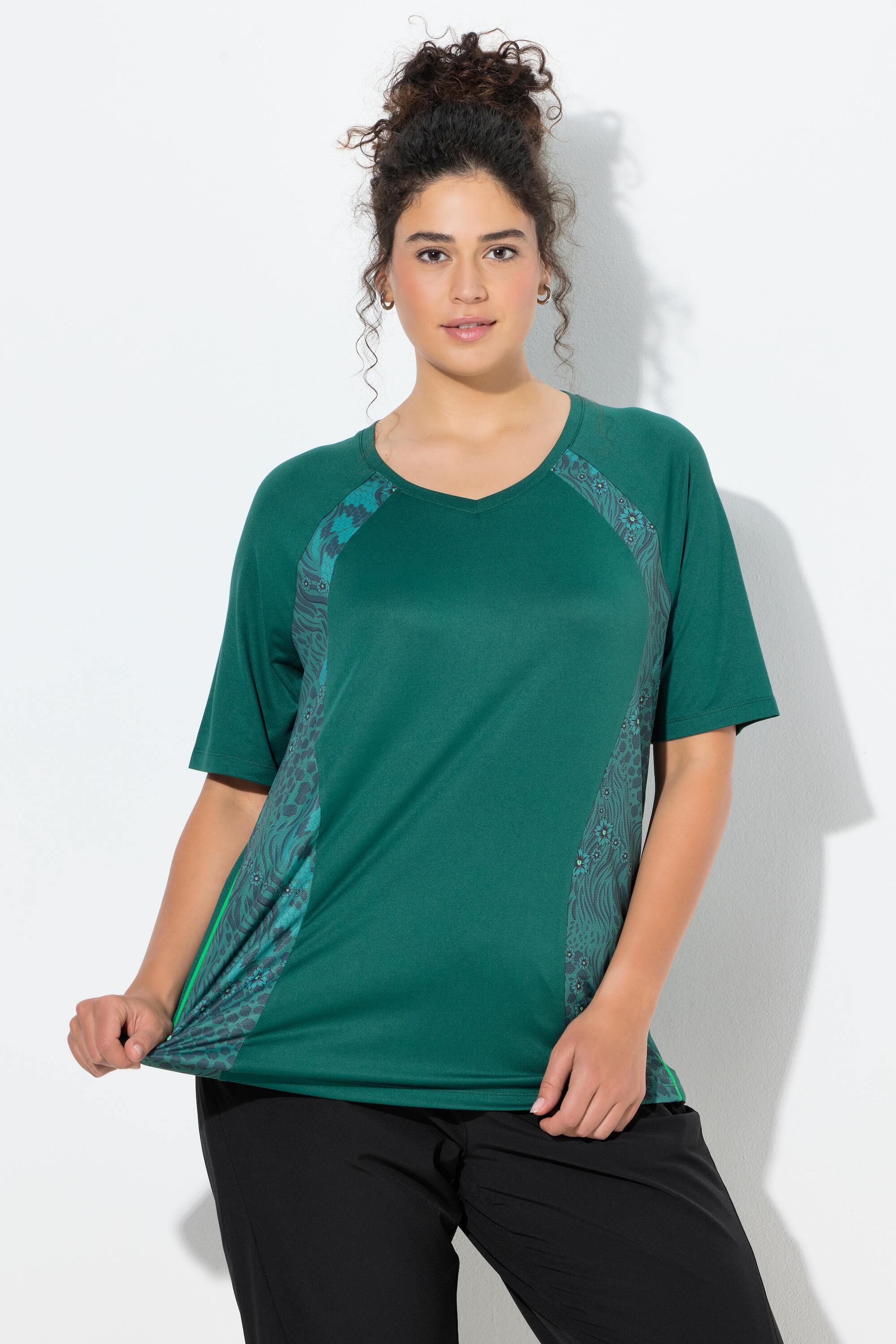 Femme T-shirt technique motif floral/léopard décolleté en V et manches courtes 6/7
