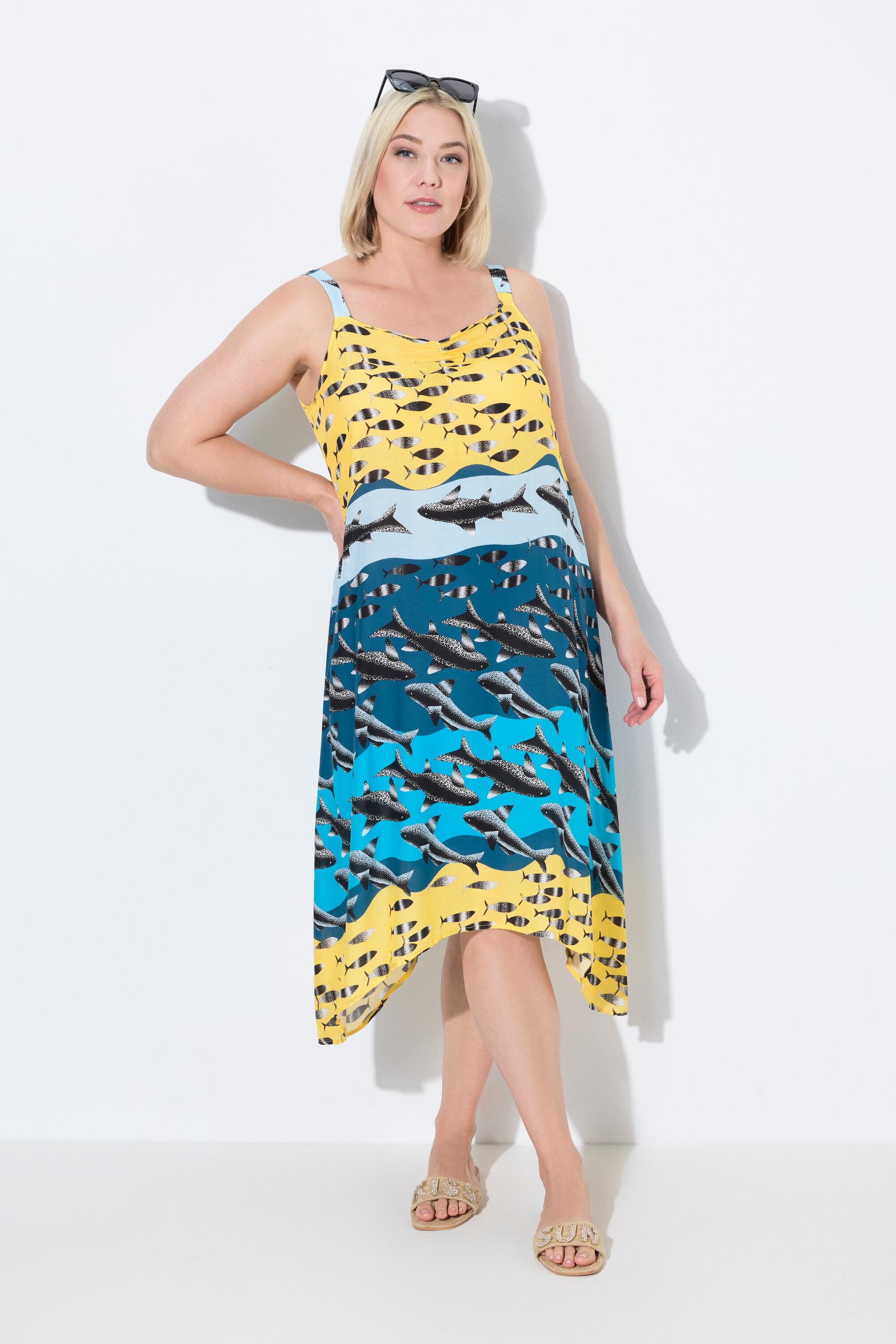 Femme Robe de plage sans manches. Imprimé poissons. Décolleté V. Coupe évasée 5/7