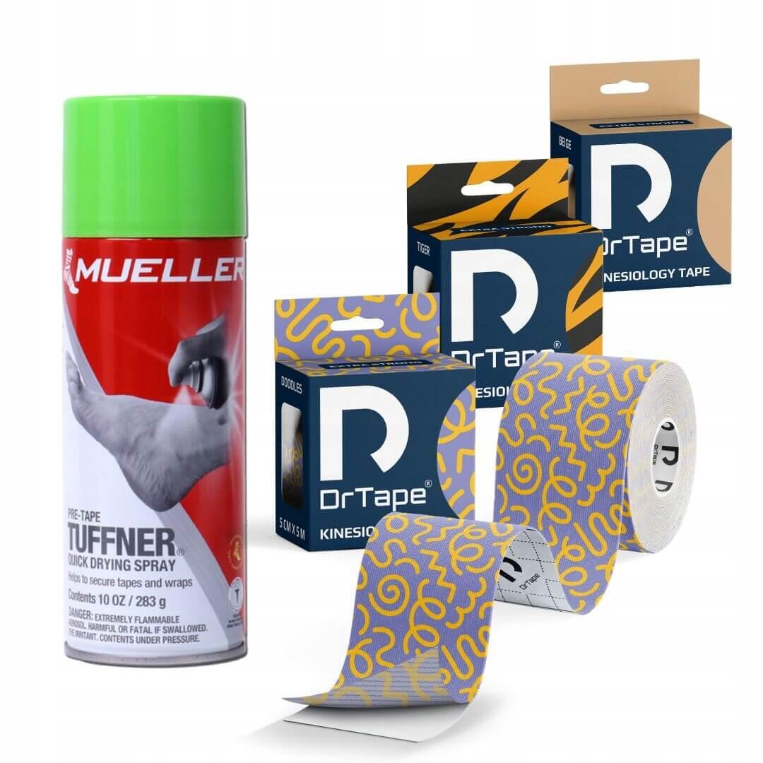 Zestaw do tapingu: 3 taśmy DrTape i spray Muller Tuffner