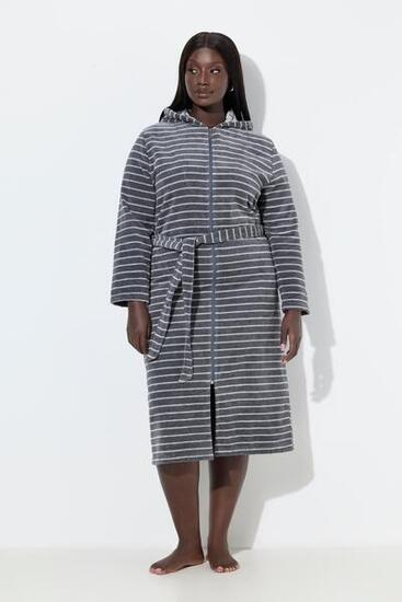 Femme Peignoir en velours à rayures capuche ceinture à nouer et manches longues