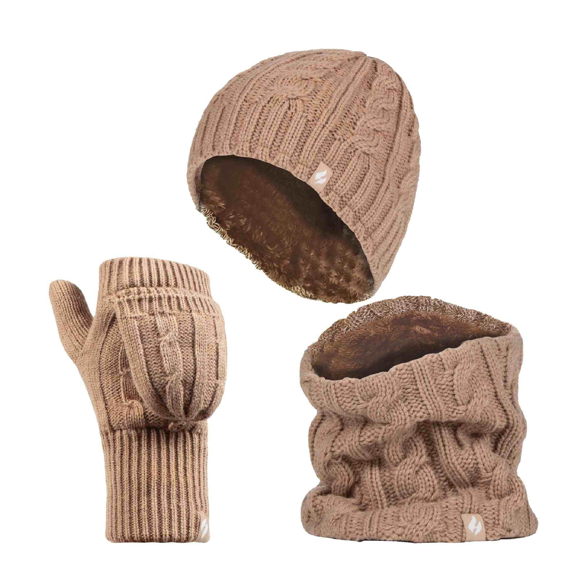 HEAT HOLDERS Ladies Fleece Lined Thermal Winter Hat, Neck Warmer & Converter Gloves Set