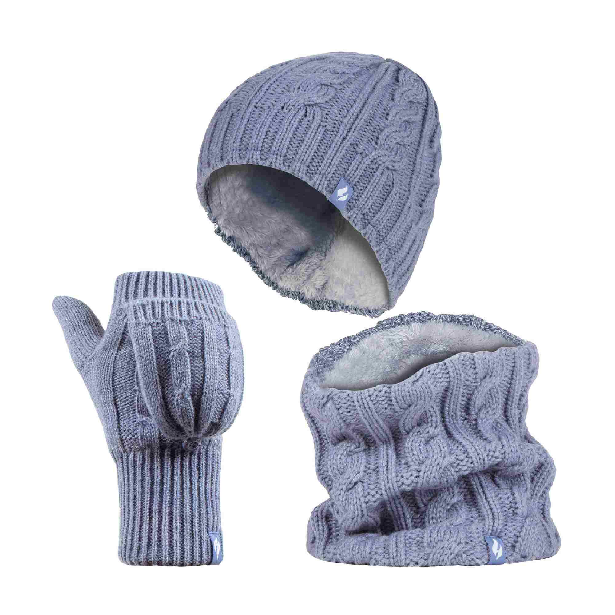 HEAT HOLDERS Ladies Fleece Lined Thermal Winter Hat, Neck Warmer & Converter Gloves Set