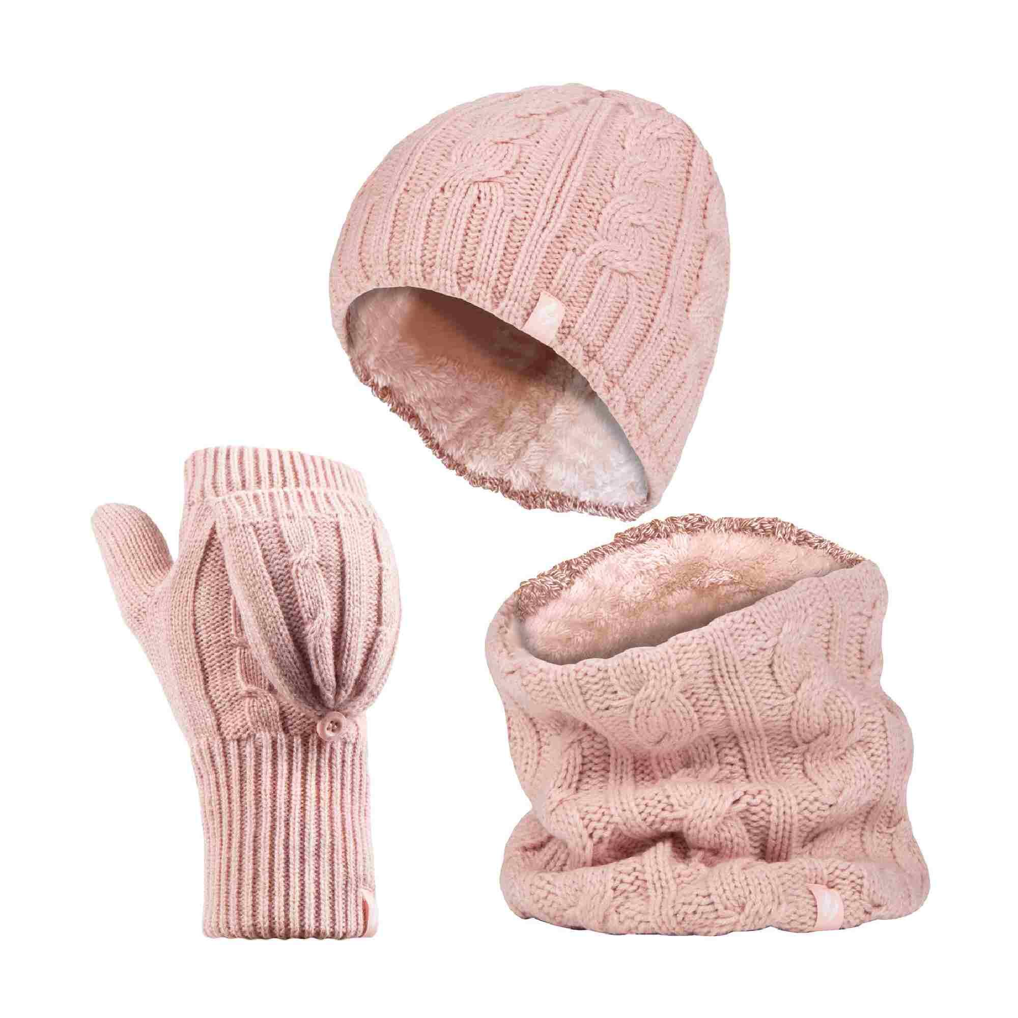 HEAT HOLDERS Ladies Fleece Lined Thermal Winter Hat, Neck Warmer & Converter Gloves Set