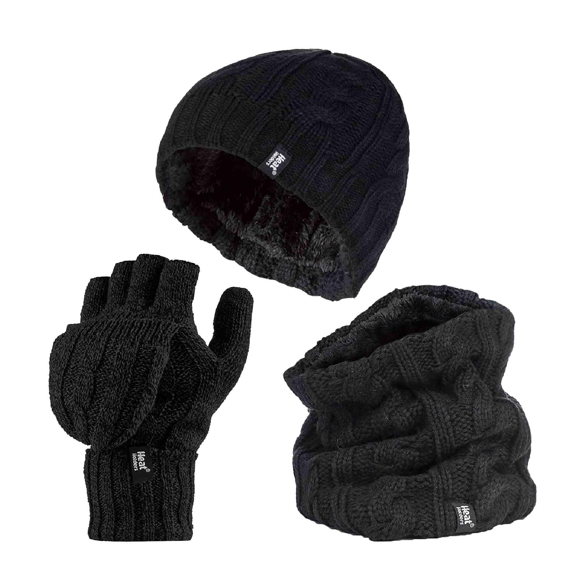 HEAT HOLDERS Ladies Fleece Lined Thermal Winter Hat, Neck Warmer & Converter Gloves Set