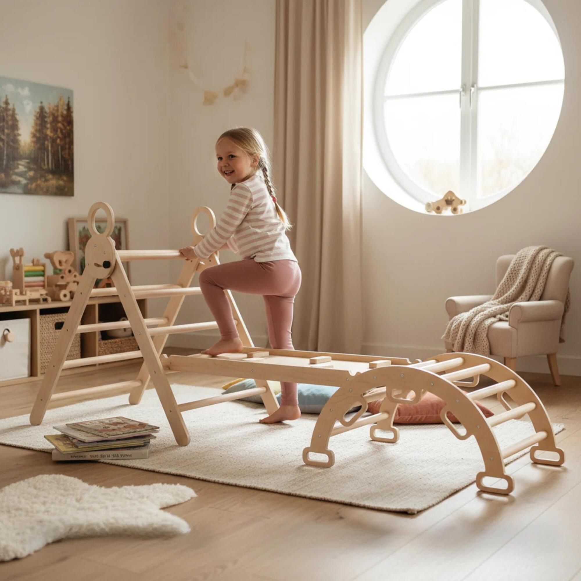 Triangle pliable avec arche d’escalade et toboggan – Gym Montessori – Gris 3/7