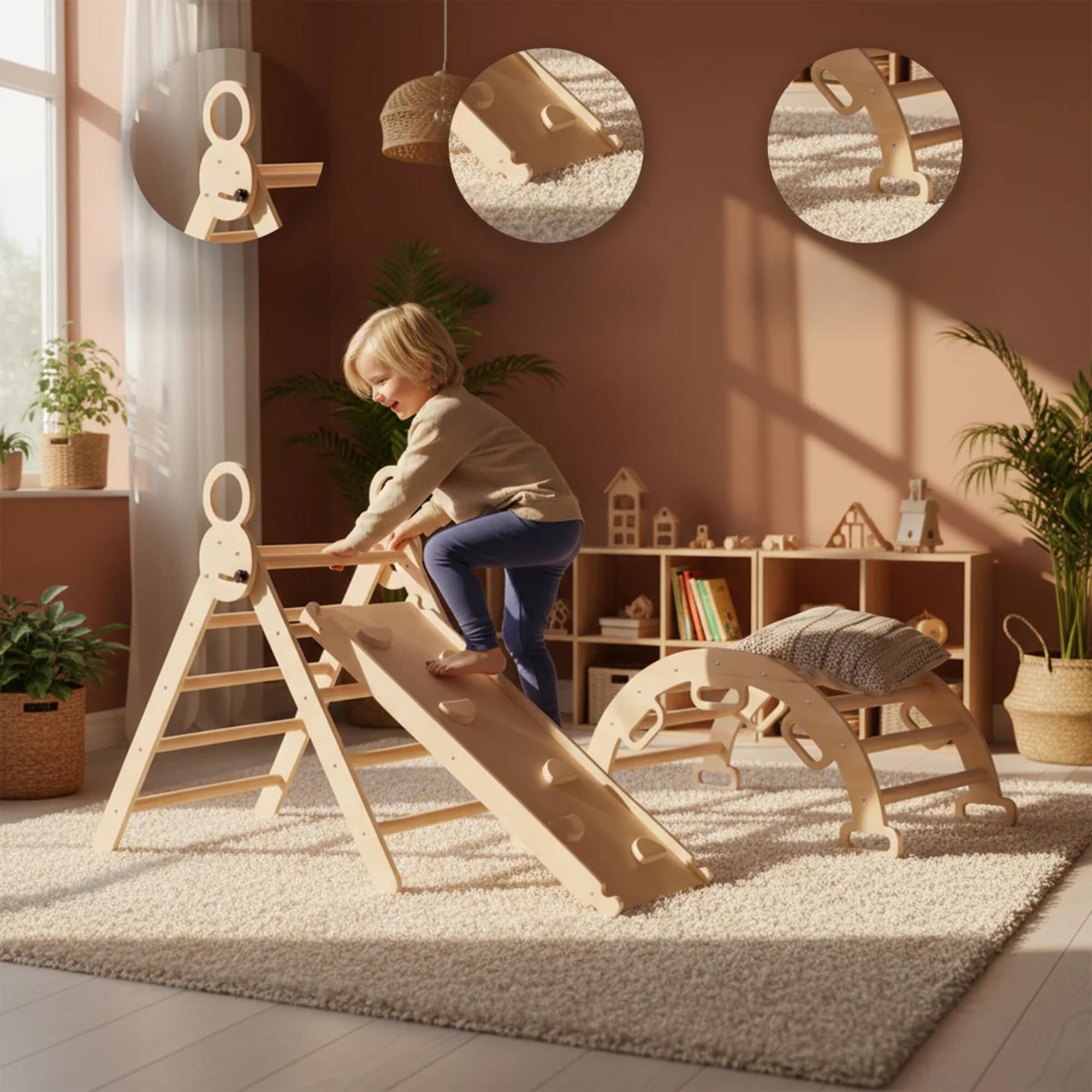 Triangle pliable avec arche d’escalade et toboggan – Gym Montessori – Gris 4/7