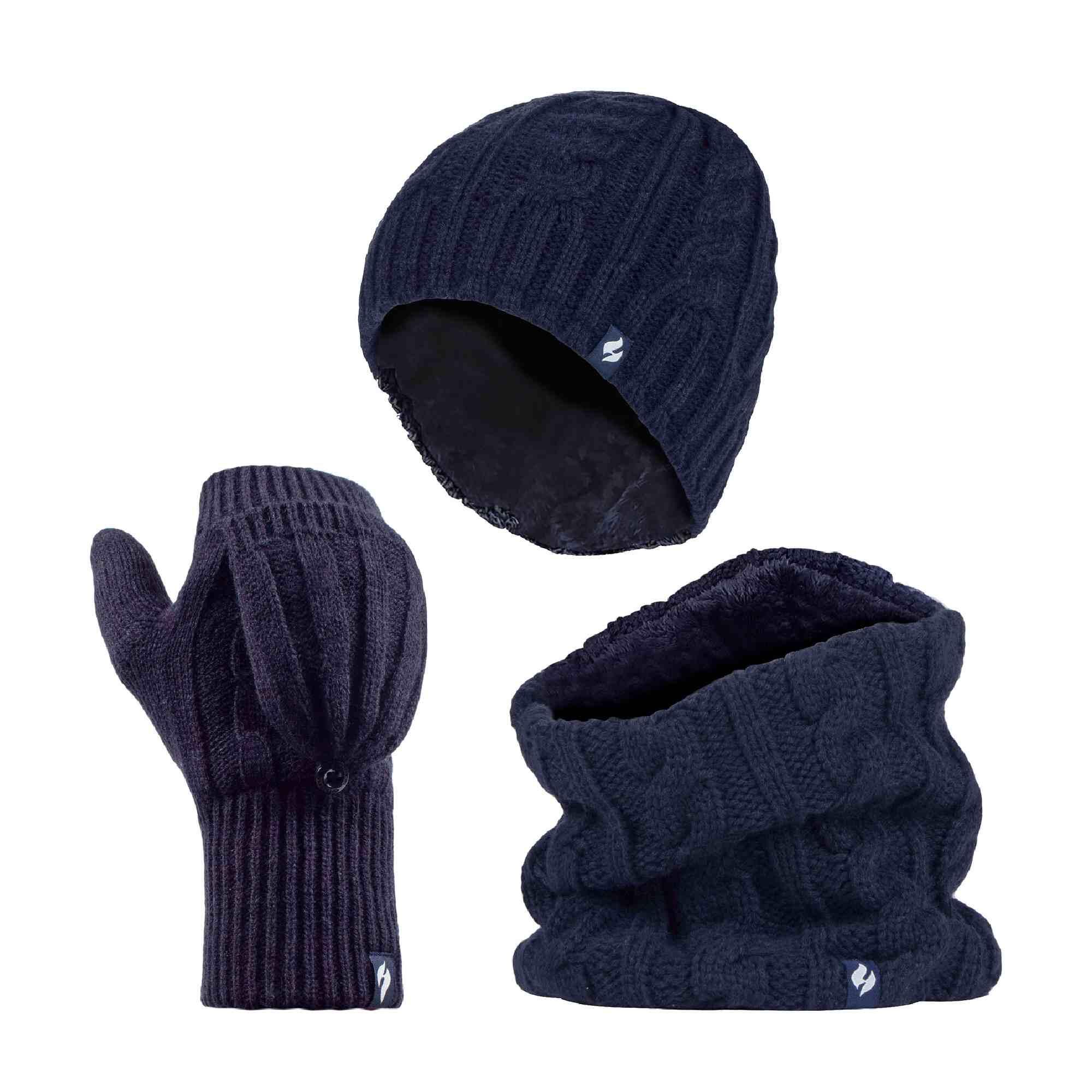HEAT HOLDERS Ladies Fleece Lined Thermal Winter Hat, Neck Warmer & Converter Gloves Set