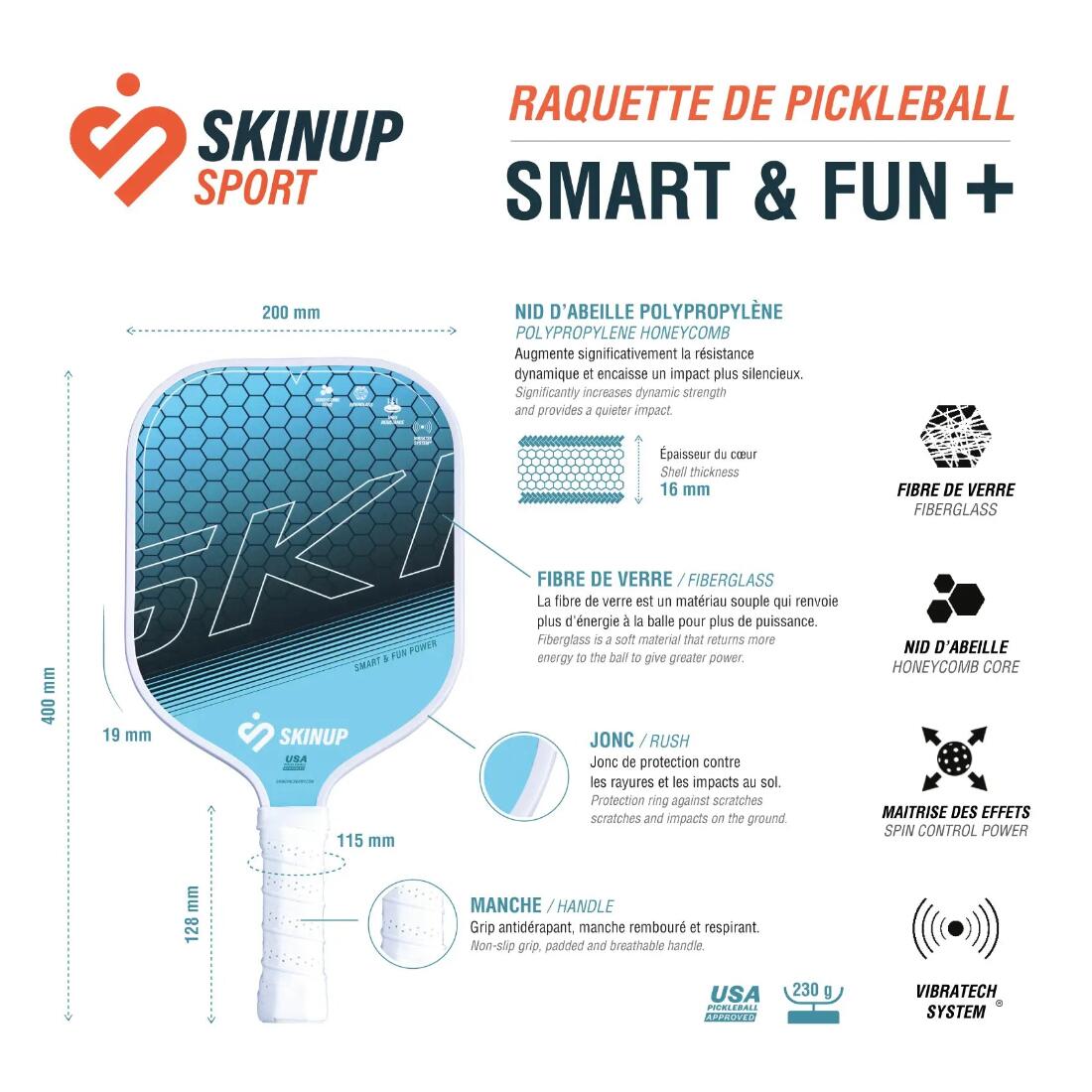 Raquette de pickleball Smart & Fun+ bleu - SKINUP Sport 3/3