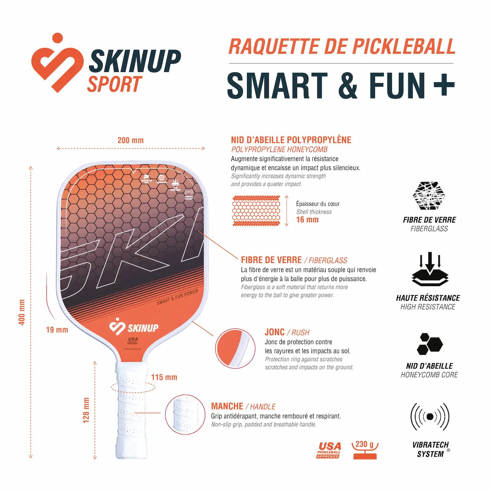 Racchetta da pickleball arancione Smart & Fun+ - SKINUP Sport 4/4