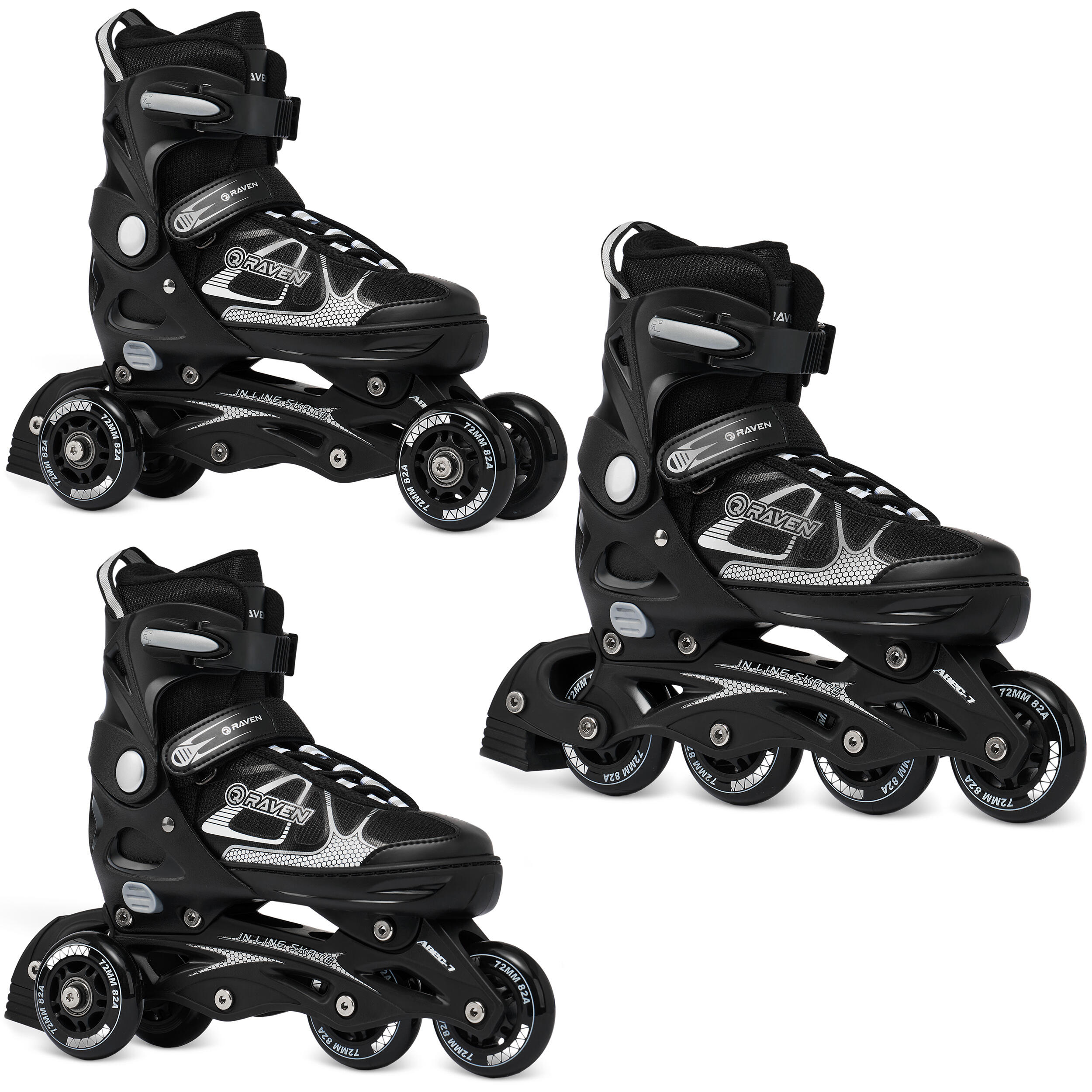 Rollers RAVEN Spirit Triskate – Taille Ajustable, Roues PU 72-76mm, ABEC7, Triple Fermeture