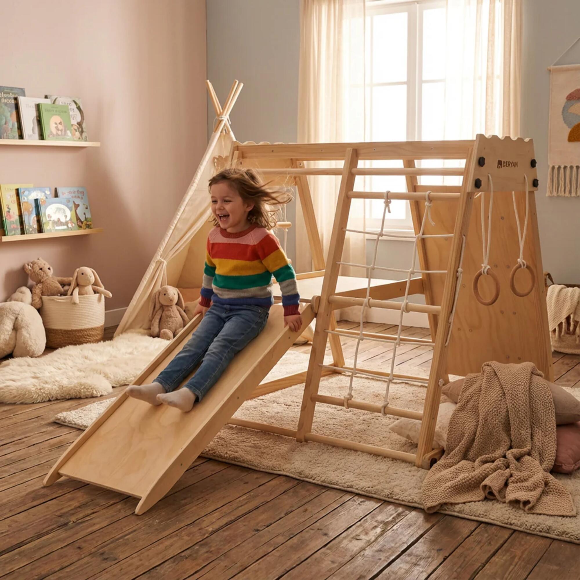 Structure d’escalade en bois de luxe - Pliable - Avec toboggan et mur d’escalade 3/6