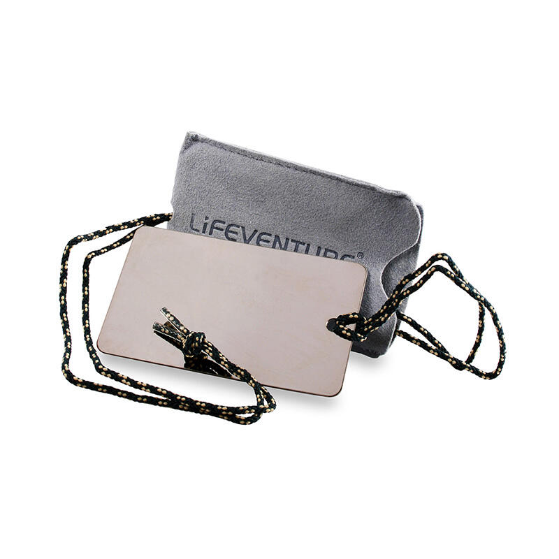 Miroir de voyage LifeVenture inox compact avec lanière et housse daim 1/1