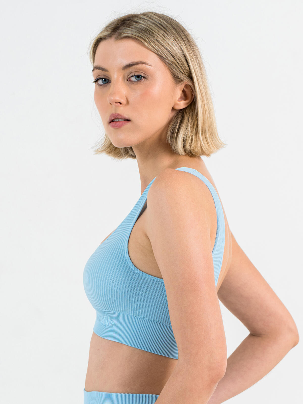 Top donna scollo rotondo push up senza cuciture allenamento tempo libero Azzurro 2/7