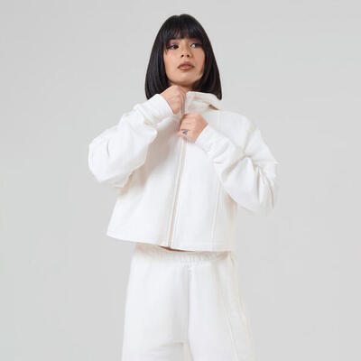 Felpa crop donna cotone zip cappuccio pre post allenamento tempo libero Bianca