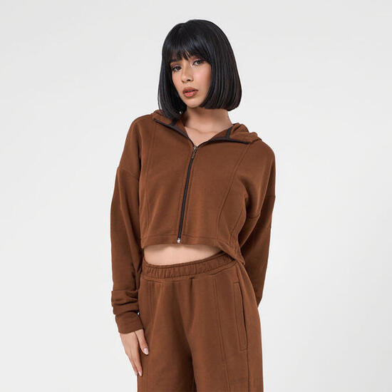 Felpa crop donna cotone zip cappuccio pre post allenamento tempo libero Bianca