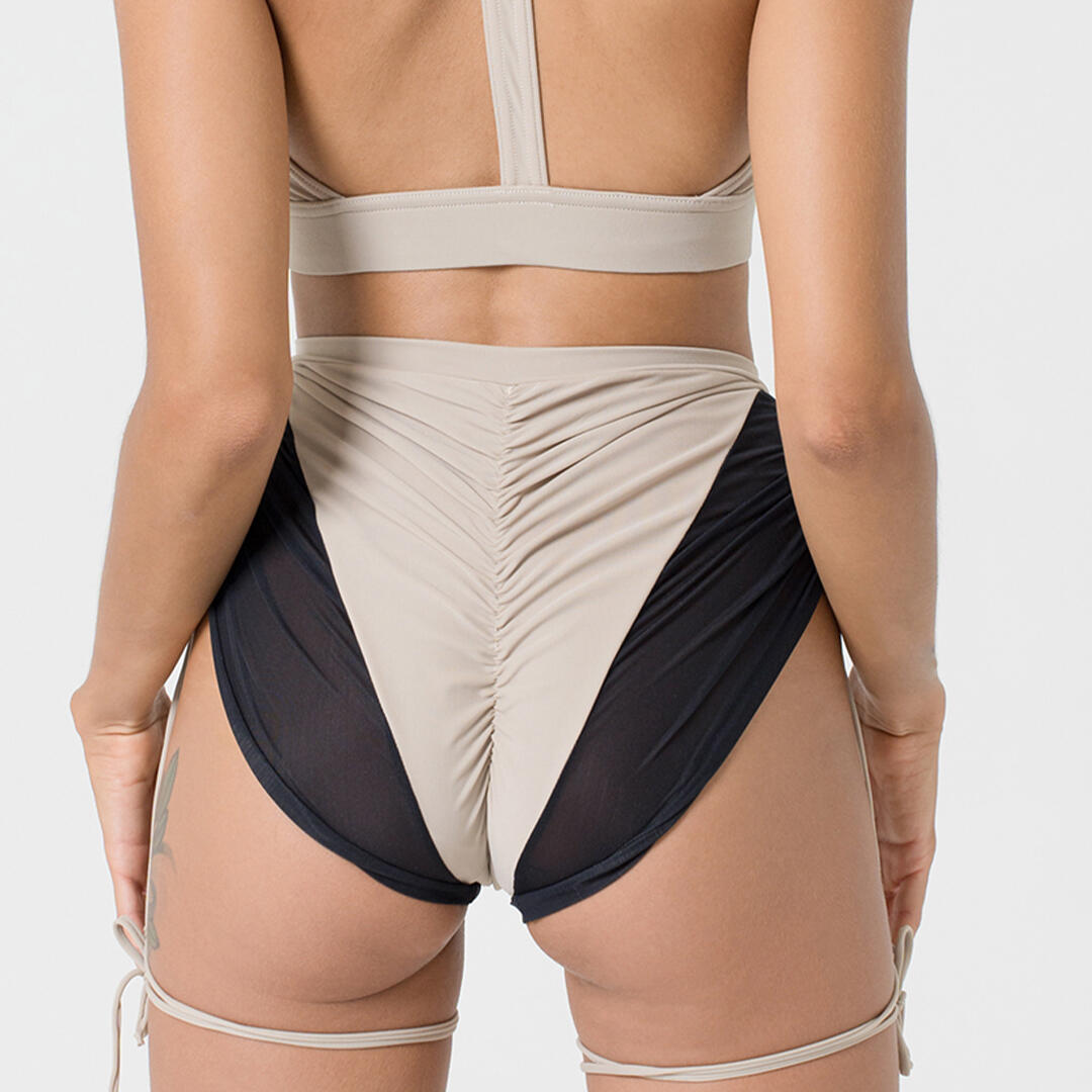 Shorts donna in lycra con lacci decorativi per pole dance allenamento Sabbia 2/5