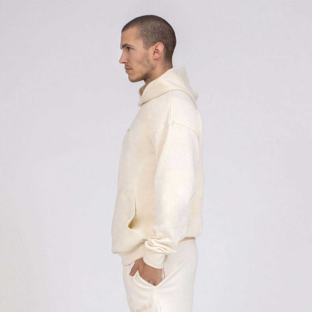 Felpa unisex oversize cotone cappuccio pre post allenamento tempo libero Crema 2/5