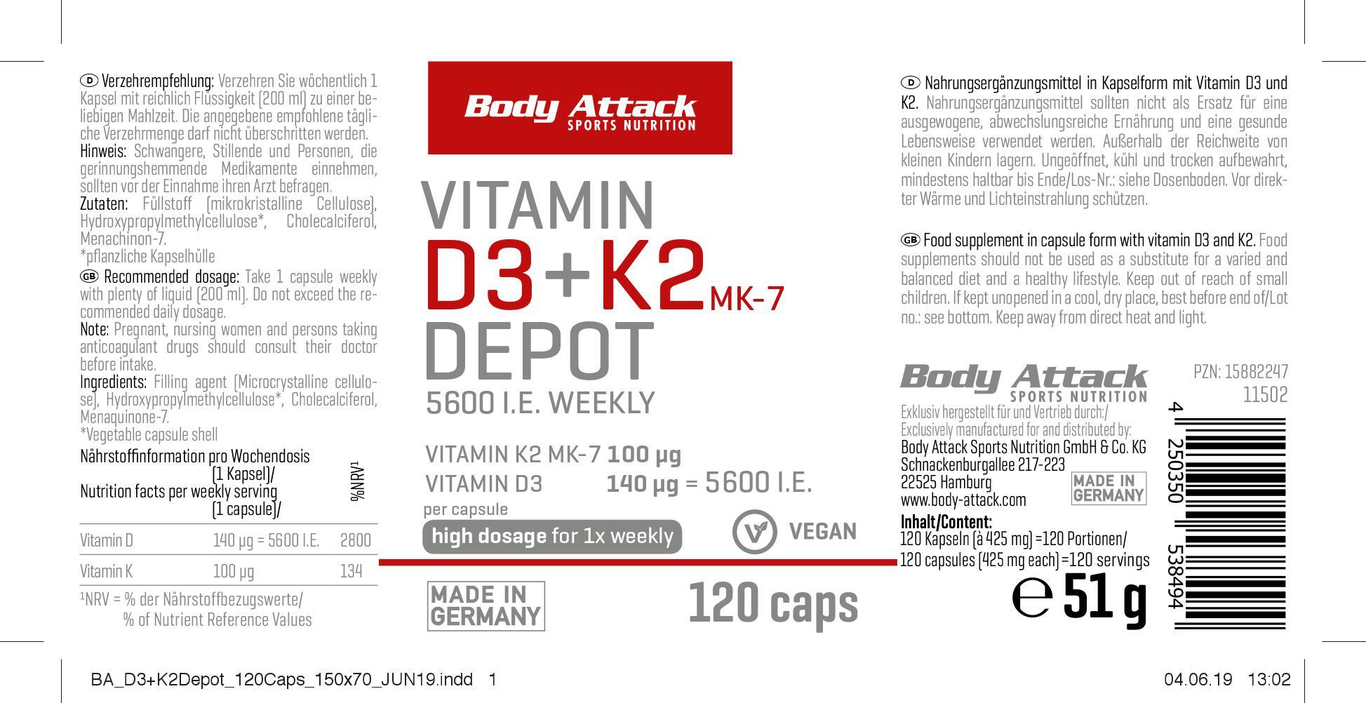 Body Attack Vitamin D3+K2 (120 caps) 2/2