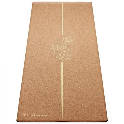 Tapis de yoga caoutchouc & liège 5mmx68cmx1,83m - Main de mudra vieil or