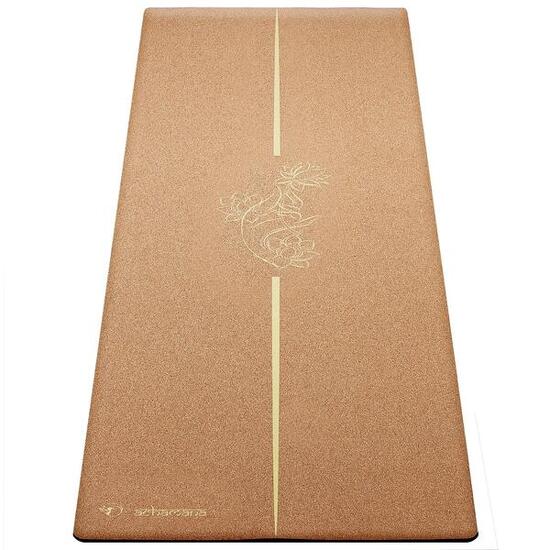 Tapis de yoga caoutchouc & liège 5mmx68cmx1,83m - Main de mudra vieil or