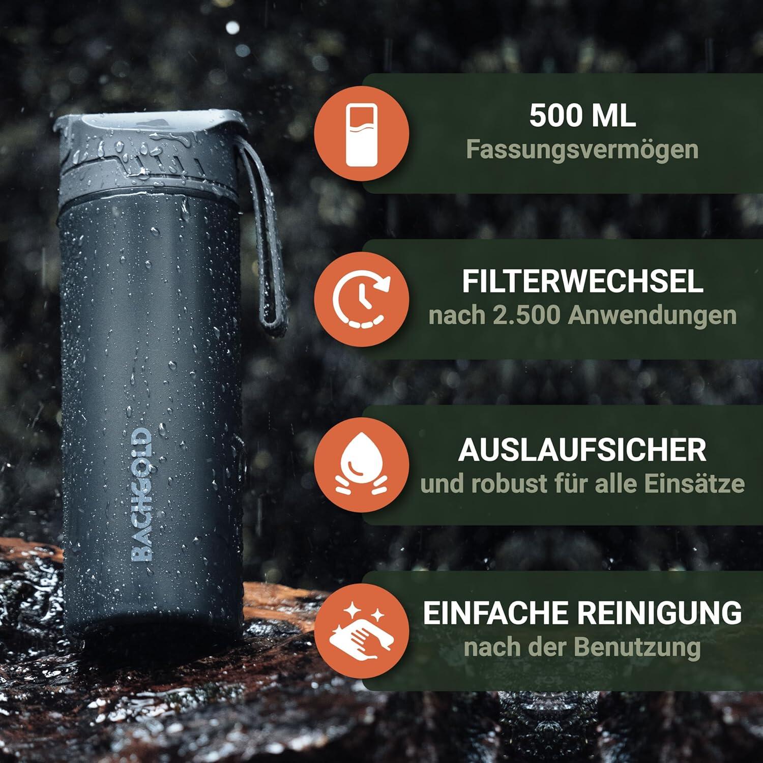 Bachgold® Profi Outdoor Wasserfilter Flasche Schwarz, 500ml 5/8