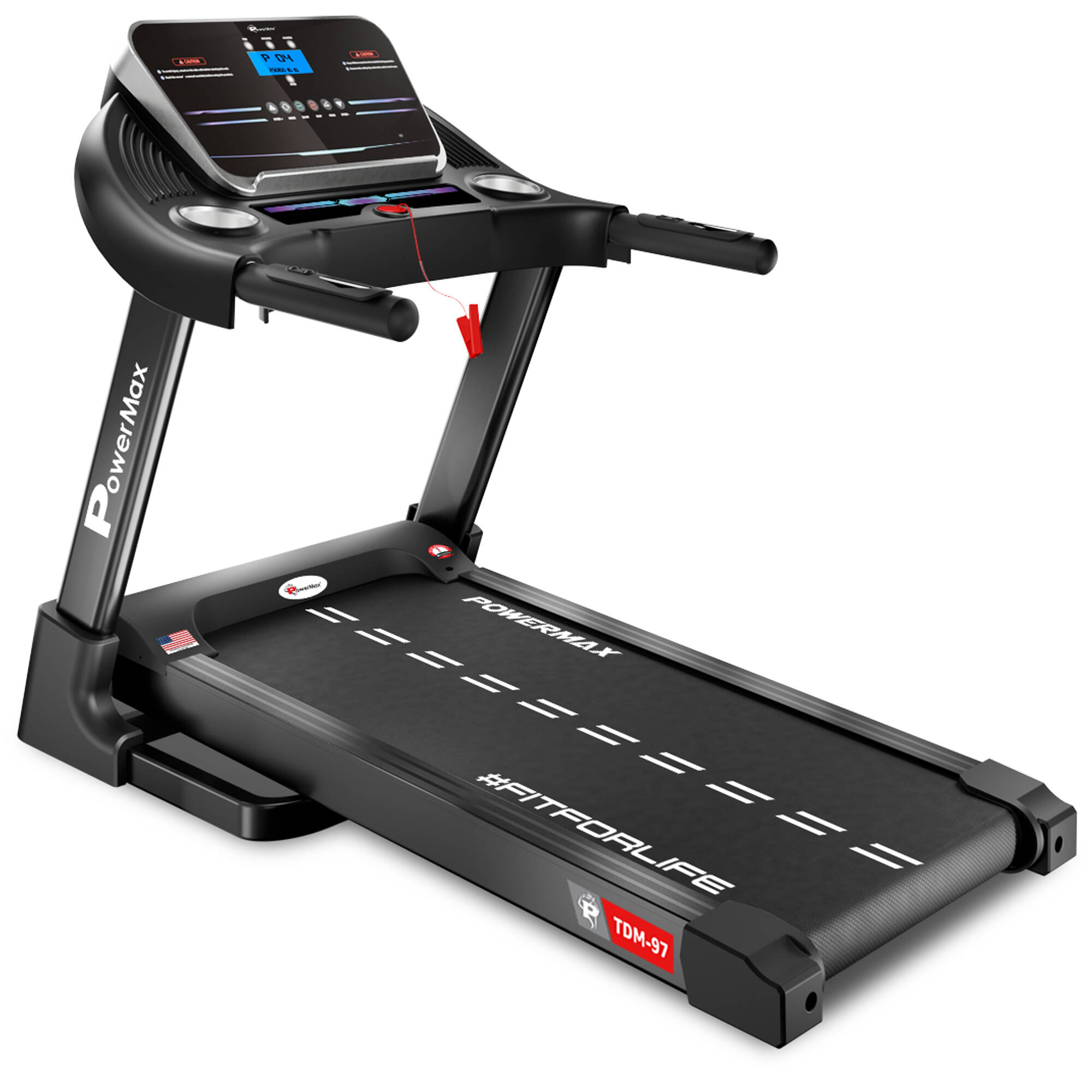 PowerMax Fitness TDM-97 (4HP Peak) Motorised Foldable Treadmill For Home Use| Max User 110Kg | Running Deck 1100X400Mm | Top Speed 12Km/H | Heart Rate Sensor| Ipad Holder | Aux Speaker, Black