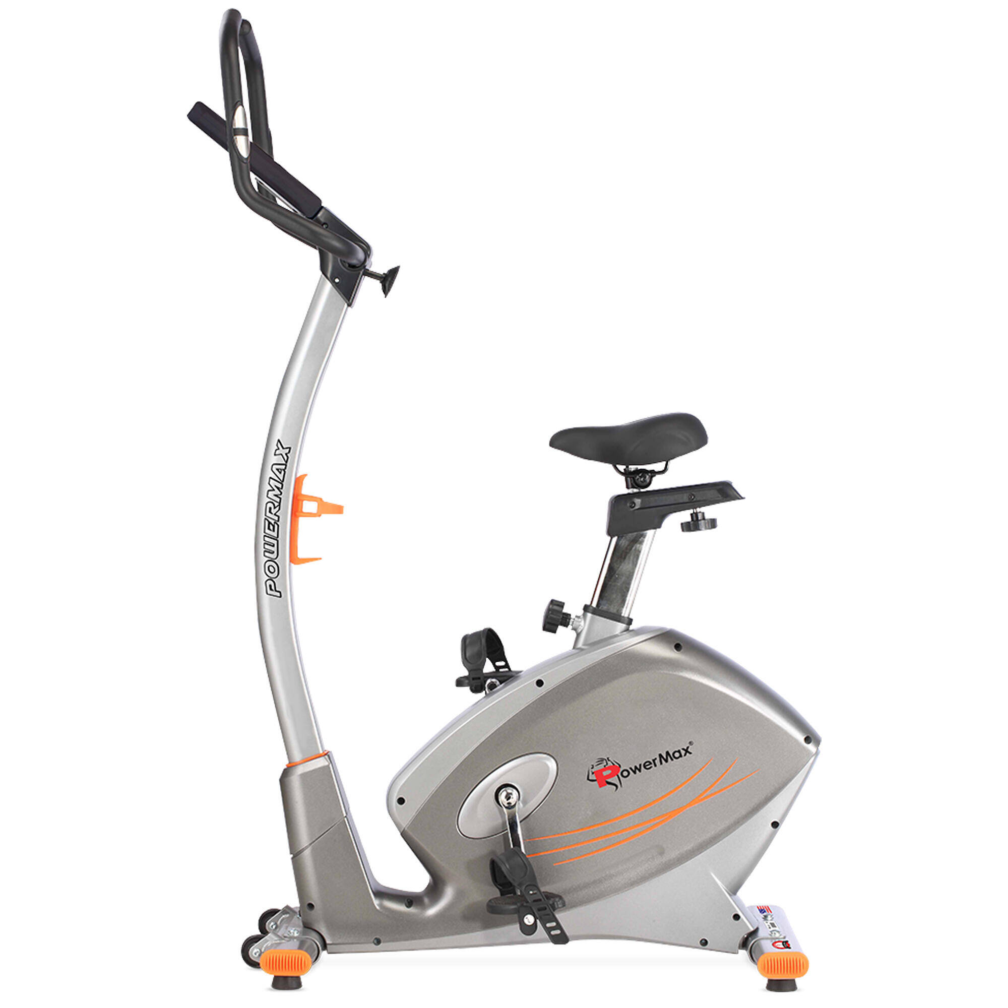 PowerMax Fitness® BU-750 Exercise Upright Bike with Hand Pulse, Adjustable Resistance, Water Bottle Cage, 9KG Flywheel for Cardio Training Workout at Home, Silver shine colour -  1