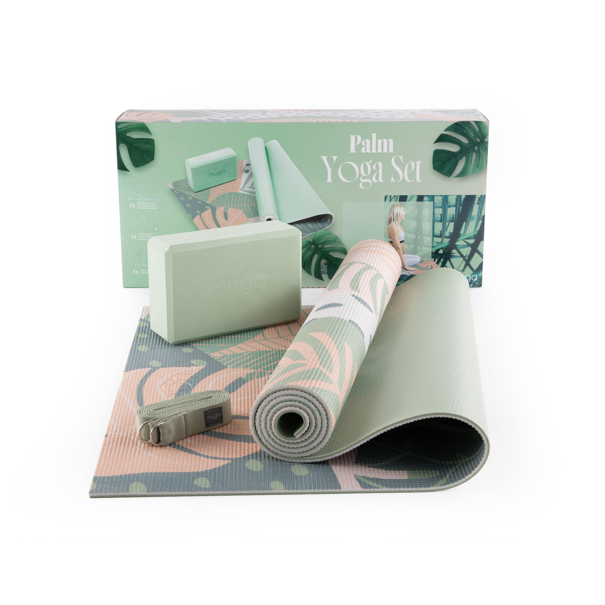 MYGA Sada Myga Yoga: podložka, blok, popruh