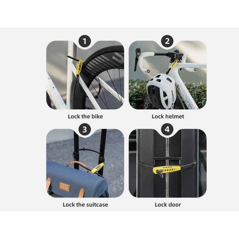 Lacăt cablu ROCKBROS 52 cm cu combinaţie 4 cifre, negru-galben