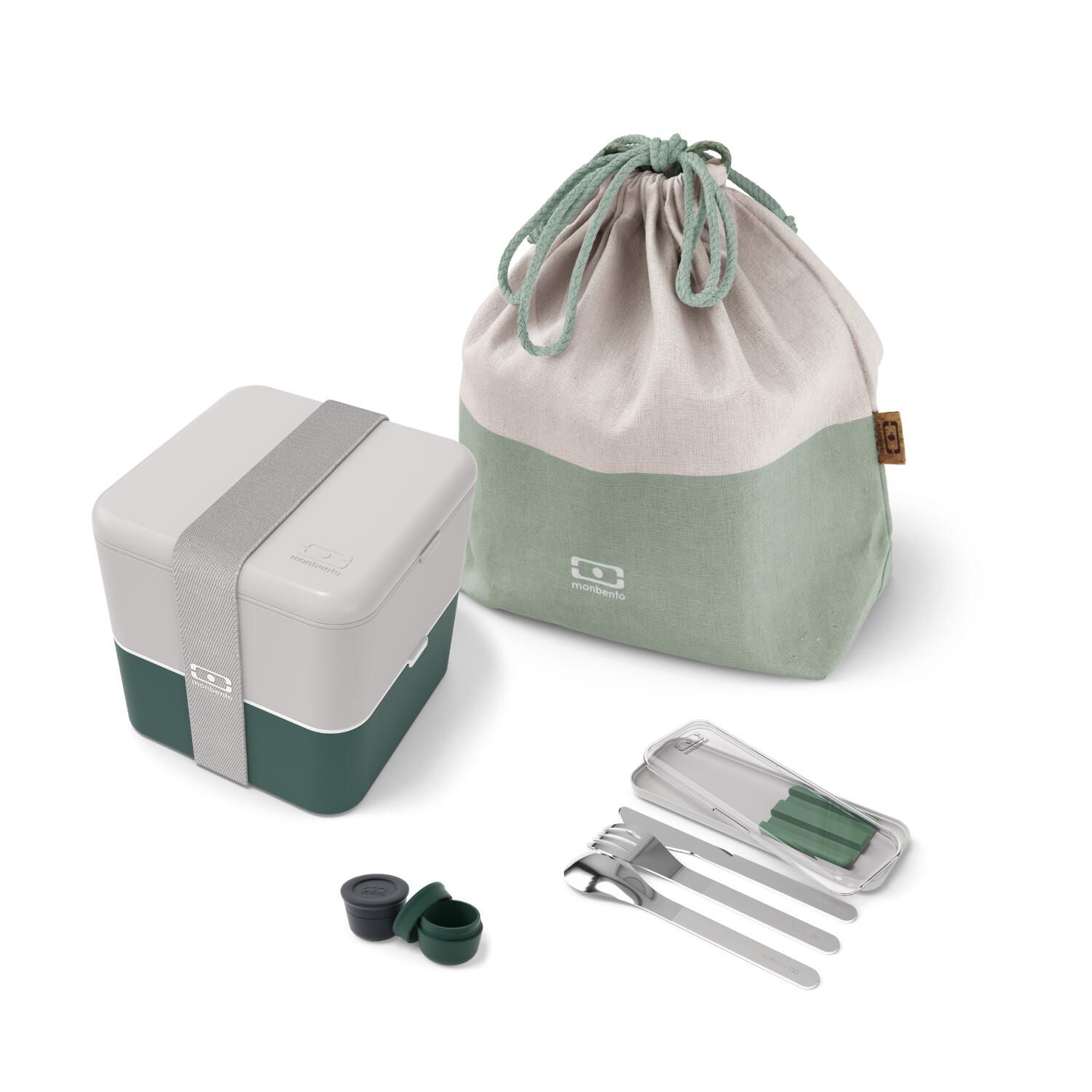 MONBENTO Set porta pranzo 2×850ml – 1,7L Verde/Grigio + accessori |Adulto|Ufficio, picnic