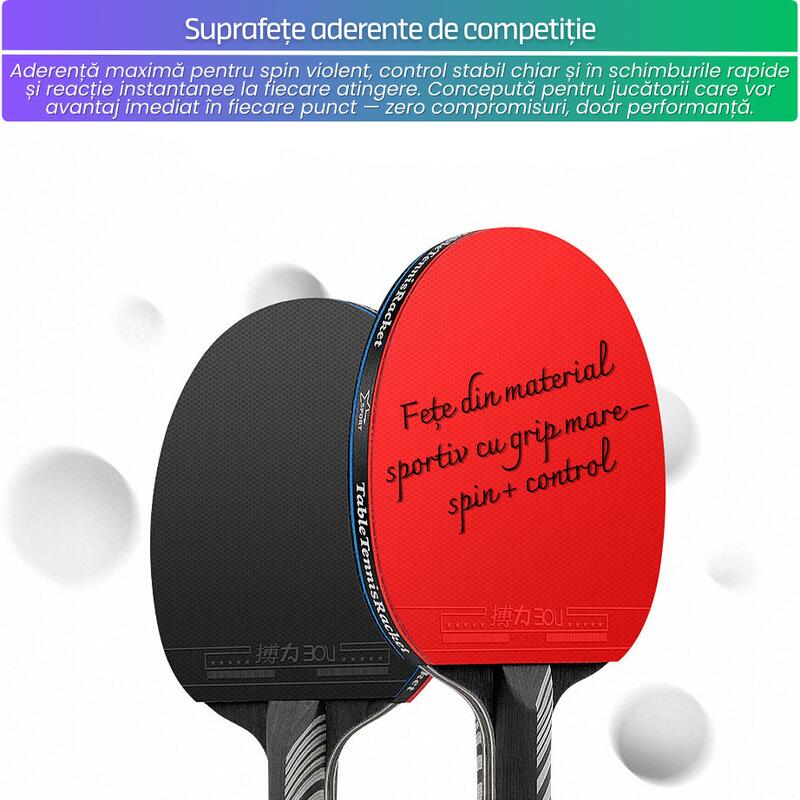Set 2 Palete Tenis de Masa T10, Maner Lung, 7 Straturi Lemn, Fete Aderente, Fil