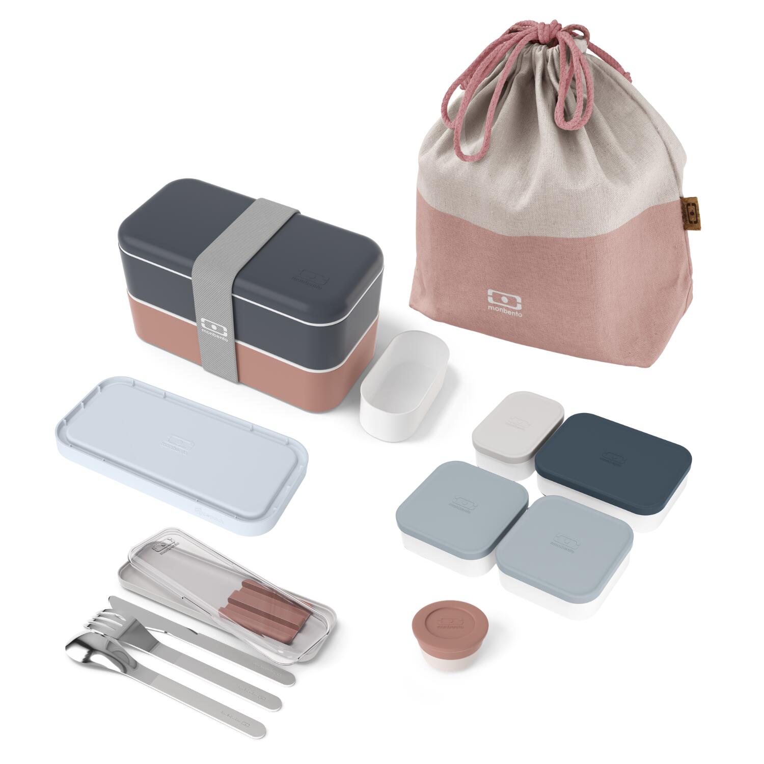 MONBENTO Set porta pranzo 2×500 ml – 1 L Blu/Rosa con accessori |Adulto |Ufficio, picnic