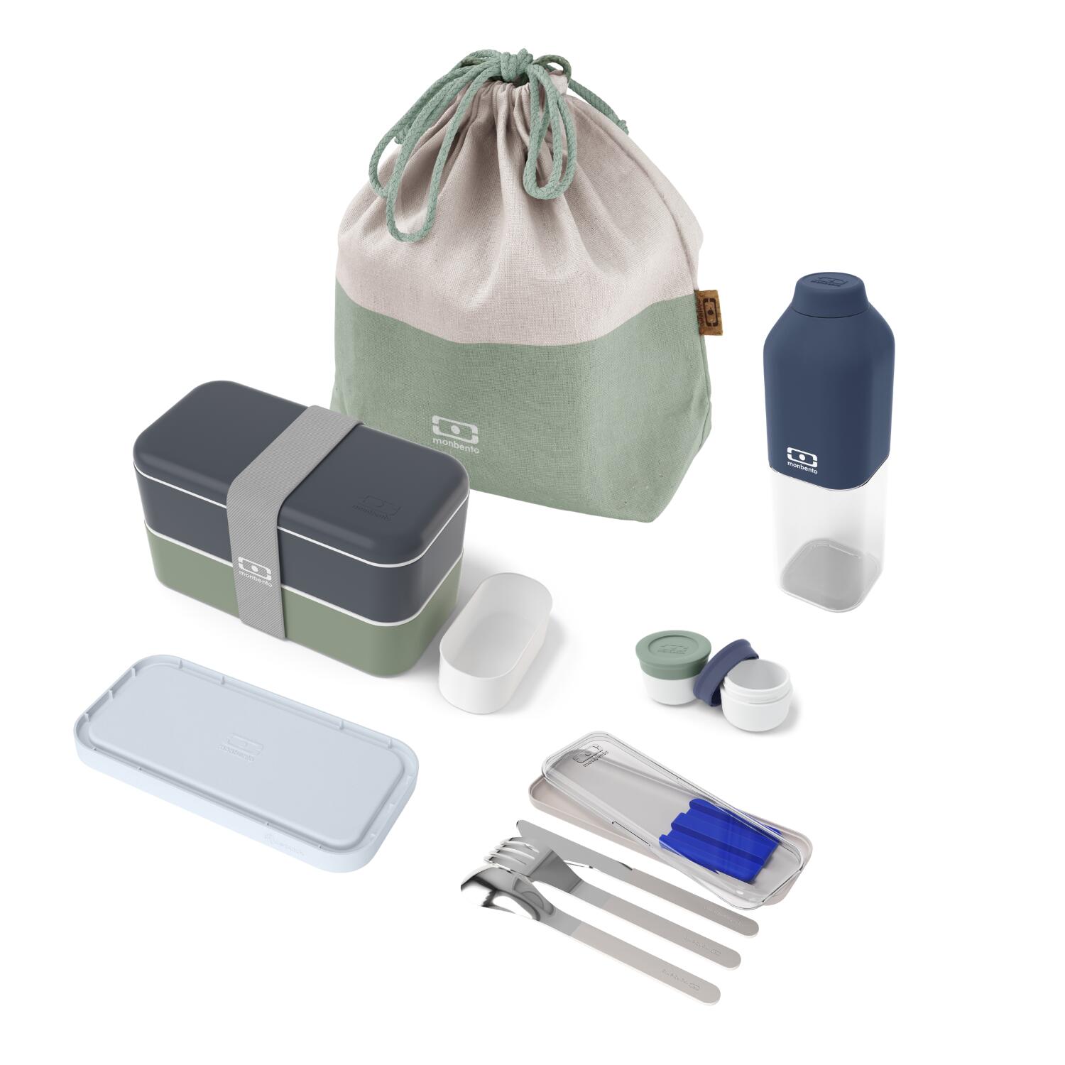 Monbento - Set Boite Repas 2x500ml - 1l Bleu/vert + Accessoires|adulte|bureau, Pique-nique - Lunchbox - Bleu|vert - Decathlon