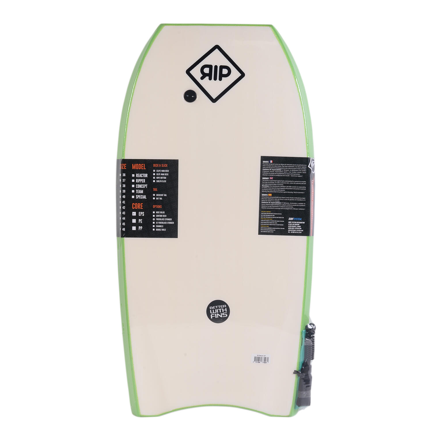 RIP Bodyboard - Ripper Stringer avec leash (EPS) - Green / White 2/2