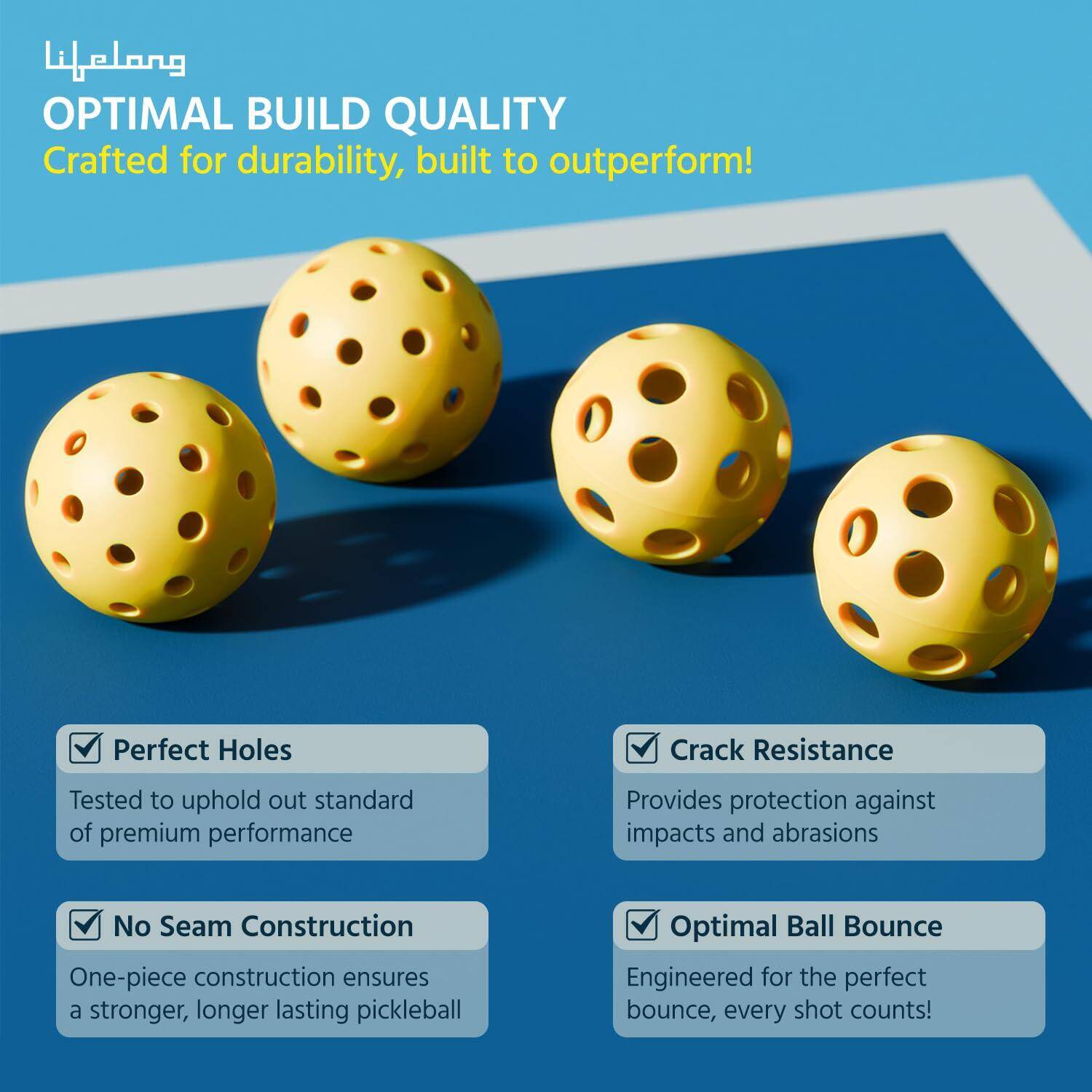 Lifelong Pickleball Balls Pack of 4 | Durable Plastic, 26-Hole Indoor & 40-Hole Outdoor | High Bounce, Lightweight, Perfectly Balanced Balls | Ideal for All Skill Levels -  3