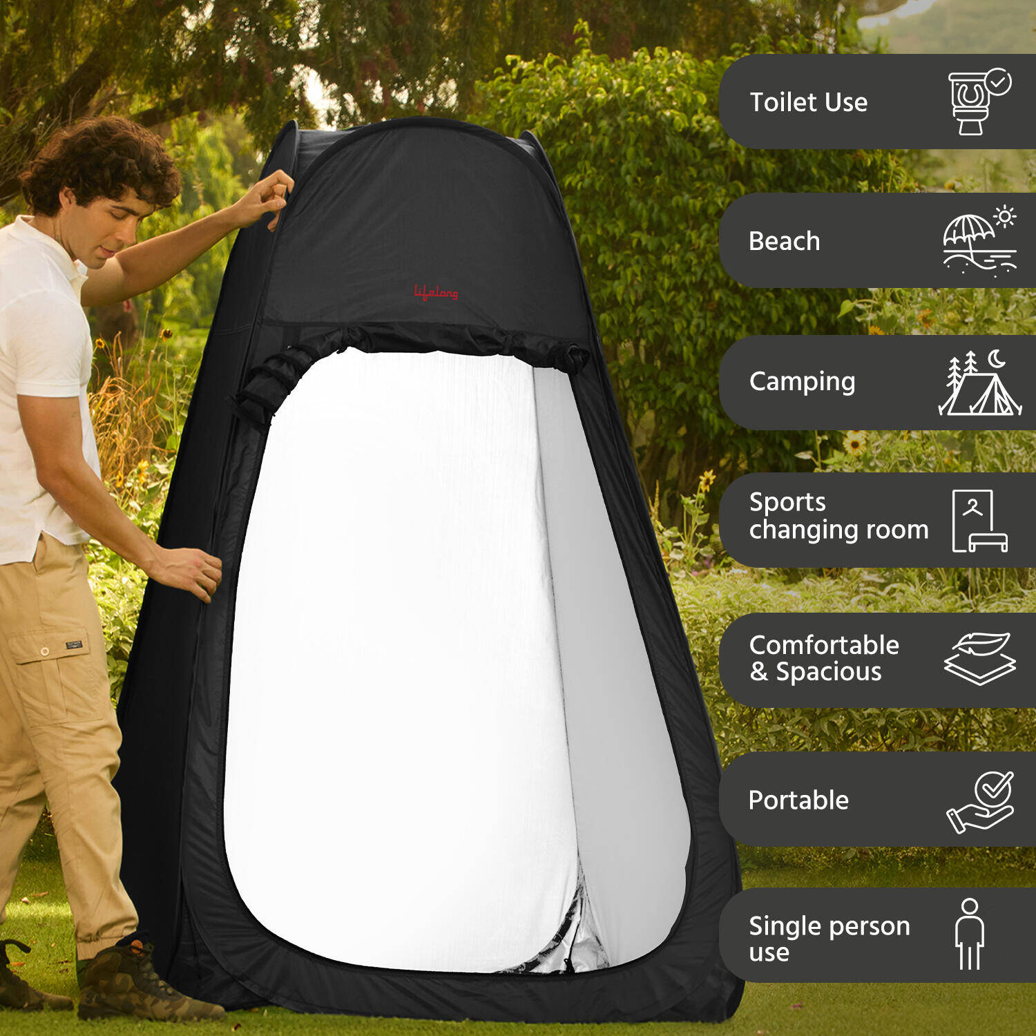 Lifelong Polyester Pop Up Tent for Camping - Dress Changing with Portable Foldable Cloth Outdoor Bathroom Tent, Camp Toilet Rain Shelter, Height 7Ft-(Black 1 Person) -  5