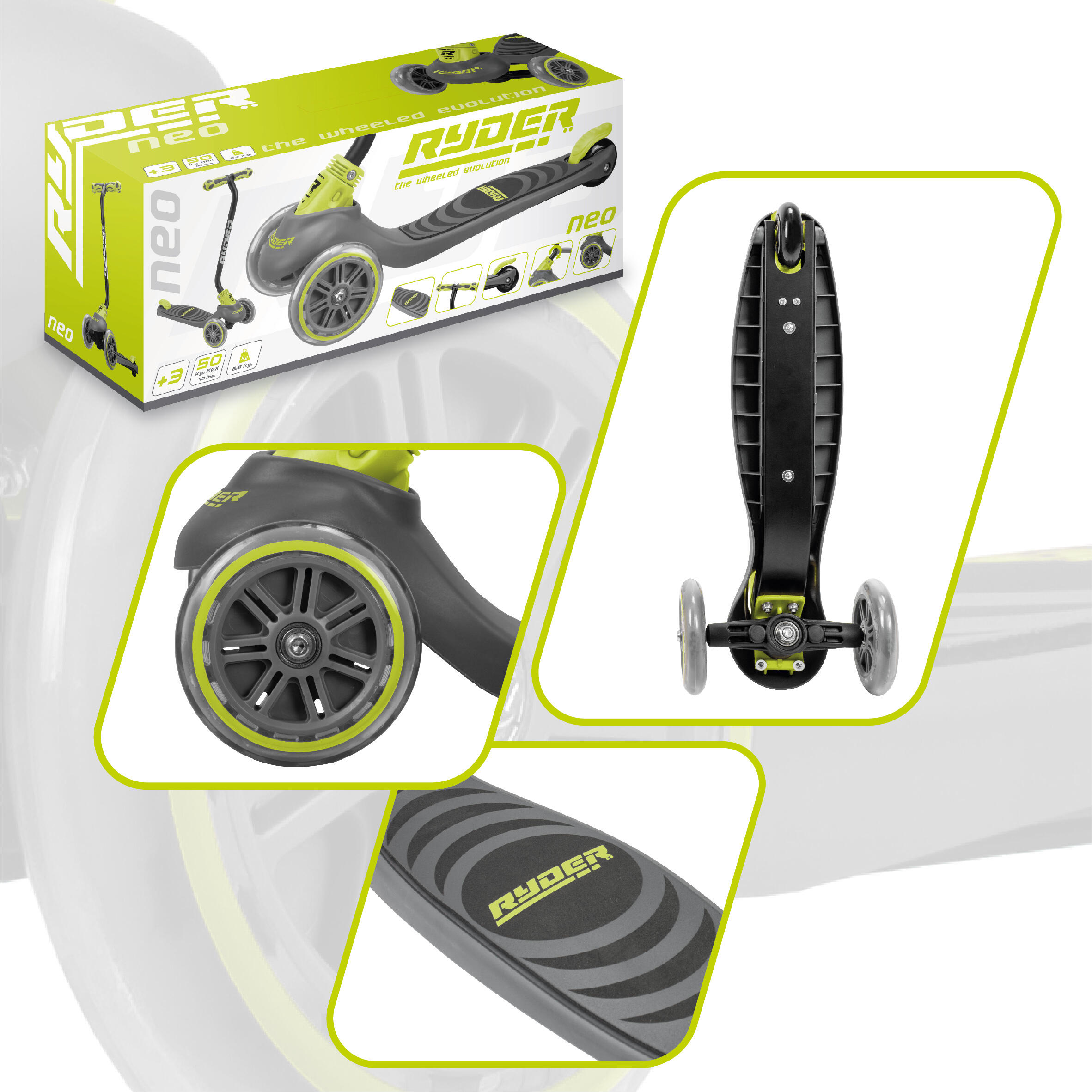 Patinete 3 ruedas Ryder Neo Light pistacho y negro, luces en ruedas. 5/6